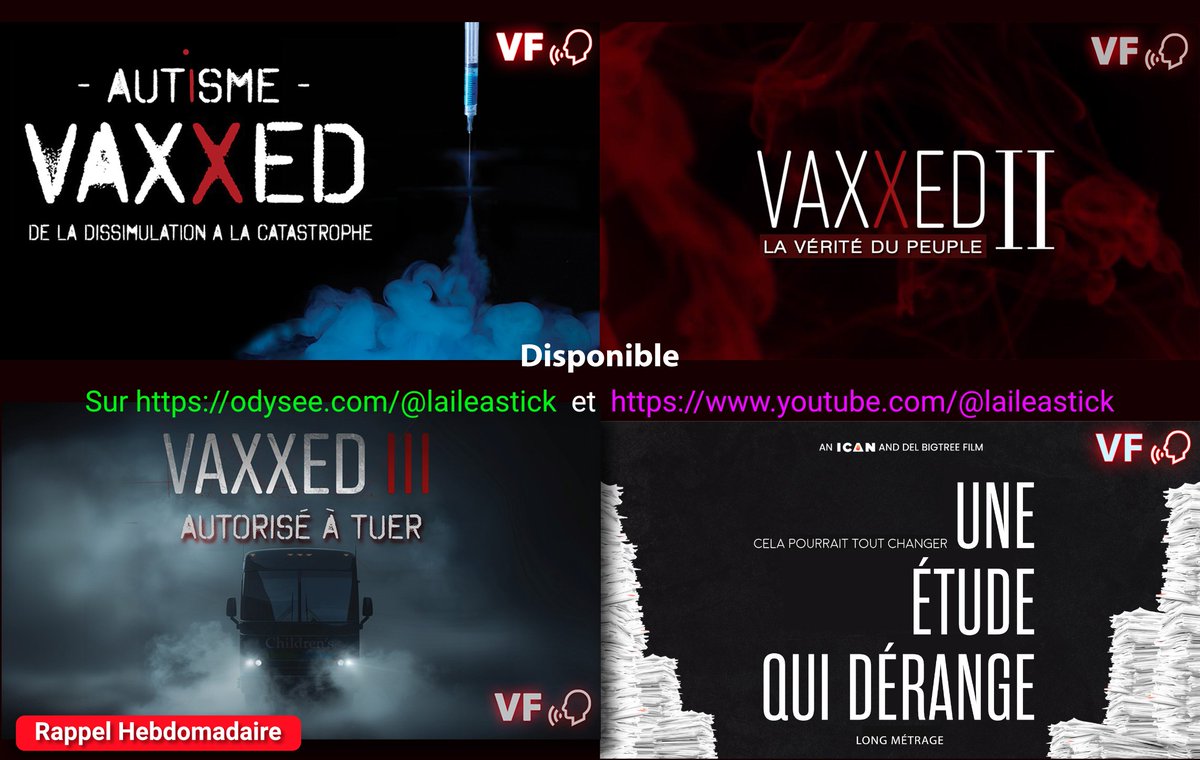aileastick1's tweet photo. VAXXED
👇🧐👍 
⚡RAPPEL HEBDOMADAIRE⚡
Maintenant, vous êtes informés !
Gardez en mémoire que la spécialité de #BigPharma est de dissimuler les risques de ses produits pour maximiser ses profits. 

Pour tous ceux qui ne l’ont pas encore vu.
REGARDEZ - PARTAGEZ - TÉLÉCHARGEZ

#VAXXED est une série de documentaires poignants qui compile les témoignages de parents, de scientifiques et de médecins sur les conséquences désastreuses liées aux vaccinations, entre autres, l'apparition de l'autisme après vaccination chez beaucoup d'enfants dans le premier épisode et les effets dévastateurs des vaccins anti-covid dans le troisième.
Ces documentaires couvrent la période de 2016 à 2024

Tous sont disponibles, doublés en français par moi même.

Vaxxed I – De la Dissimulation à la Catastrophe
Youtube : https://t.co/Avz0QVOYIK
Odysee : https://t.co/9noaGv1tvk
Sur (X) : https://t.co/Y6OU4Vm7o4

Vaxxed II– La Vérité du Peuple
Odysee : https://t.co/1ePo2xQf3Q
Sur (X) : https://t.co/5wNJFXr530
Youtube : https://t.co/U360SzwlDS

Vaxxed III - Autorisé à Tuer
Odysee : https://t.co/sm6WDTeG7a
Sur (X) : https://t.co/CJXqfr9iUf
Youtube : https://t.co/MeKlzujUsI

Une Étude qui Dérange
Youtube : https://t.co/qgkGd3EqJ7
Odysee ; https://t.co/8uyXonpoC9 
Sur (X) : https://t.co/lvM1JX5lgQ

Petite info : Odysee offre la possibilité de télécharger les médias.
Pour cela, cliquez sur les 3 petits points en bas à droite de la vidéo puis télécharger.
Il ne vous reste plus qu'à mettre la vidéo sur une clé USB et regardez sur une télé multimédia muni d'une prise USB.

Soutenez mon travail par un don.
Chaque contribution, même symbolique, est la bienvenue.
Merci à ceux qui soutiennent 🙏
https://t.co/CqqobP1rDa

Nota : choisissez l'option "pour vos proches" pour éviter les frais sur Paypal.

#Covid #Autisme #Asperger #TDAH #HPV #France #Charcot #AVC #Gardasil #DTP