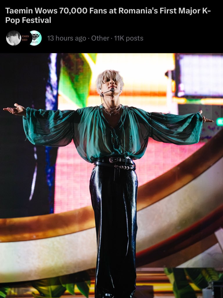 xoalsox_base's tweet photo. #TAEMIN takes the crown for attracting a crowd of 70,000 fans making this possibly the biggest gathering for his solo set on his first appearance in Romania, as well as the first ever headliner of K-POP DAYS NIBIRU. Let’s be unapologetically loud about this milestone. https://t.co/5RrQCmSePo