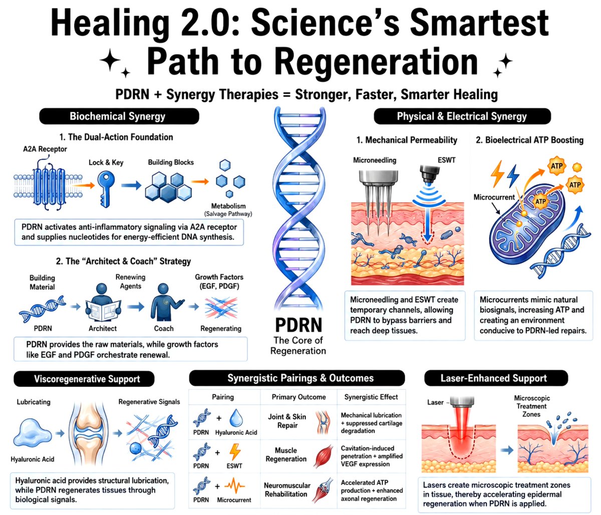 SciTechera's tweet photo. reminder
Scientists think they've found a smarter way to heal the human body, not with one regenerative therapy, but by combining several that amplify each other.
In a new review, researchers propose that Polydeoxyribonucleotide (PDRN), a regenerative molecule made from purified salmon DNA fragments, could become the centerpiece of next-generation tissue repair when paired with biochemical and physical therapies.
PDRN works in 2 powerful ways. It activates the Adenosine A2A receptor (A2AR) to reduce harmful inflammation while stimulating new blood vessel growth, and it supplies DNA building blocks that damaged cells can recycle through the salvage pathway, helping them repair themselves more efficiently.
But here's what really caught my attention 👀
The paper argues that regeneration isn't driven by a single "miracle molecule." Instead, the best results come from combining therapies that each target different parts of the healing process.
For example:
• PDRN + Hyaluronic Acid improves tissue hydration, collagen production, and wound healing.
• PDRN + Platelet-Rich Plasma (PRP) enhances the activity of natural growth factors like VEGF, PDGF, and TGF-β.
• PDRN + Stem Cells or Exosomes creates a more favorable environment for tissue regeneration and blood vessel formation.
• PDRN + Microneedling, Fractional Lasers, or Shockwave Therapy boosts tissue remodeling and accelerates recovery by pairing biological repair with physical stimulation.
The review highlights potential applications across chronic wounds, diabetic ulcers, osteoarthritis, tendon injuries, cartilage repair, peripheral nerve damage, muscle regeneration, and even skin rejuvenation.
This matters because regenerative medicine has largely focused on finding one perfect treatment.
This paper suggests the future may instead be about building multi-target regenerative systems, where different therapies work together like an orchestra instead of acting alone.