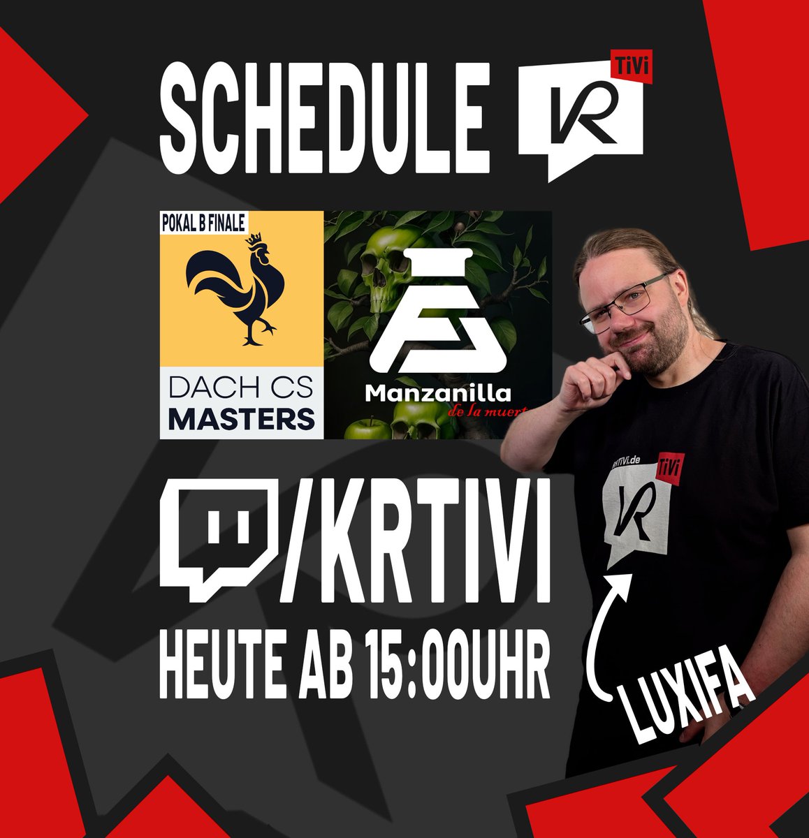 KR_TiVi's tweet photo. ⚠️Höret, Höret⚠️
Wir begleiten heute @FruchtLaborCS  - Manzanilla de la muerte durch das @dachcs Pokal B Finale.

Kein geringerer als der @teamKR_ Vorstand Luxifa wird euch auf unserem #twitch Kanal wunderbar unterhalten.

📺 ttv/KRTiVi
⌚ 15:00 Uhr
📅 02.08.2026 (heute)

Wer beißt in den Apfel des Todes?

#esport #dachcsmasters #moderation #apfeldestodes #fruchtlabor
