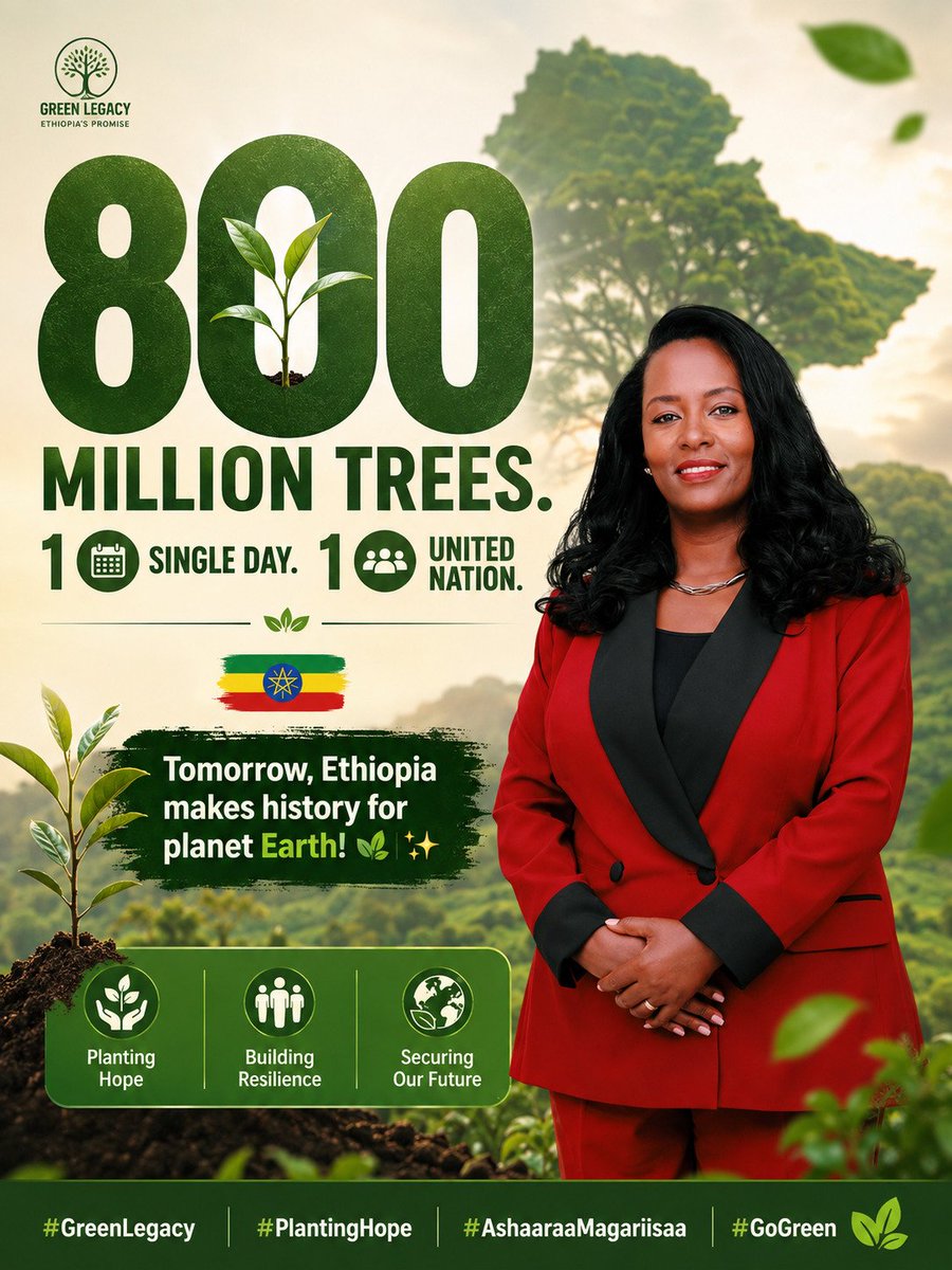 newaddisababa's tweet photo. Tomorrow is history in the making! 🇪🇹 Ethiopia is uniting to plant 800 million trees in just ONE single day. Let’s inspire the world and grow a greener future together! 🌳💚

#GreenLegacy #PlantingHope #AshaaraaMagariisaa #ClimateAction https://t.co/AiJTg6jzyl