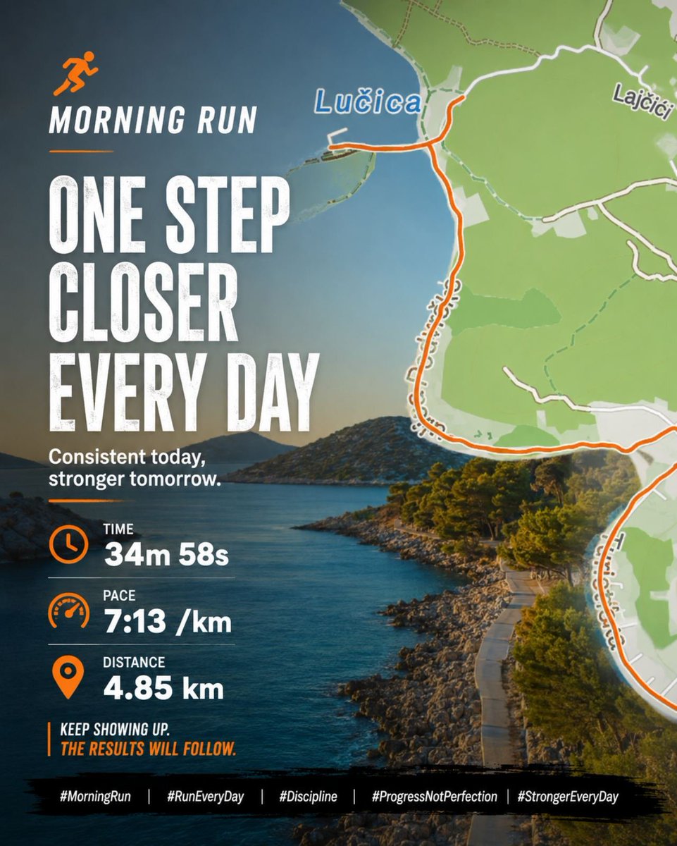 ZLotinja's tweet photo. Morning run by the sea. 🌊🏃

📍 4.85 km
⏱️ 34:58
⚡ Pace: 7:13/km

#MorningRun #RunEveryDay #StayConsistent #Discipline #NoExcuses https://t.co/JevFPzTA4s