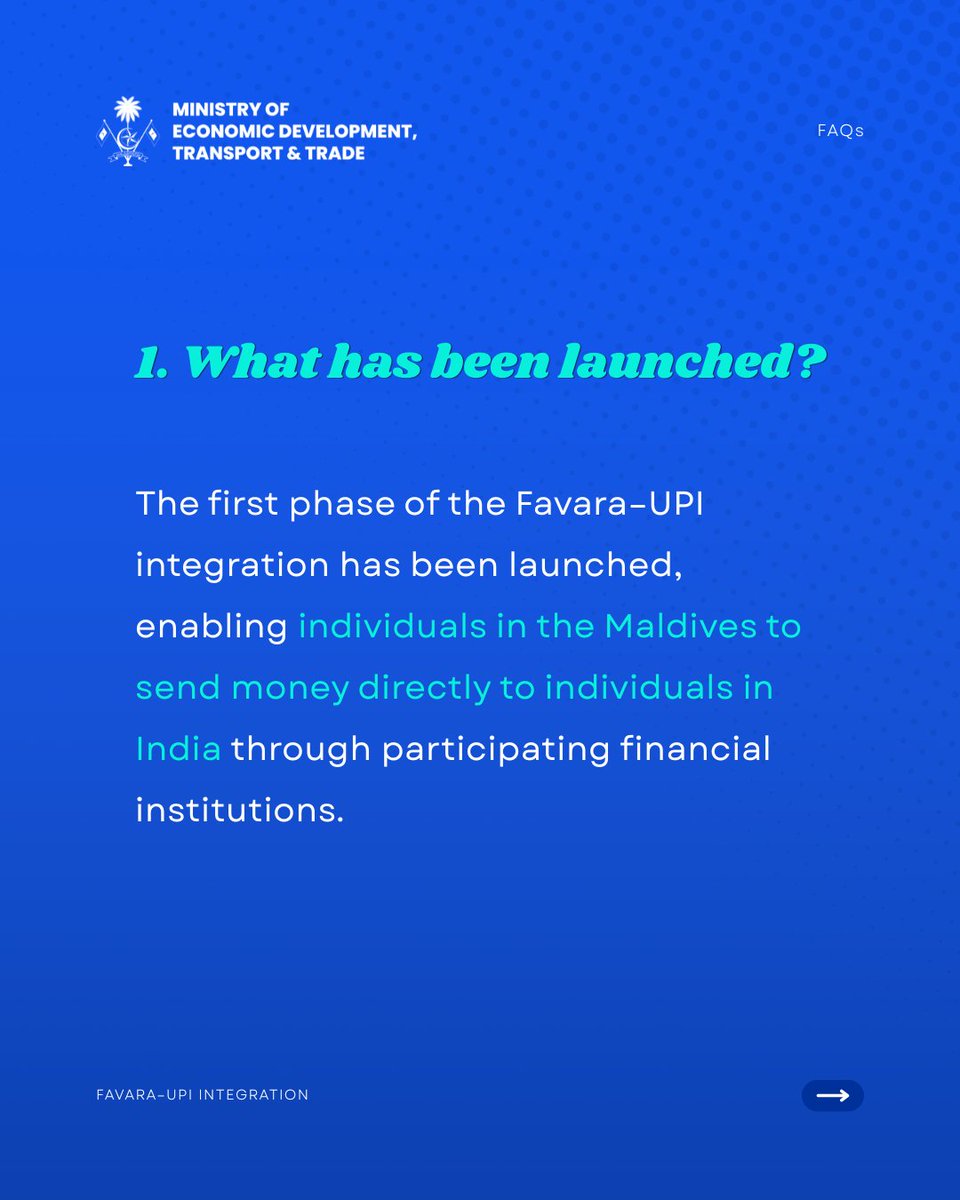 MoEDmv's tweet photo. Phase 1 of the Favara–UPI integration is now live, making it easier to send money from the Maldives to India through participating financial institutions.
Do you want to learn more? Check out these FAQs below! 👇
#FavaraUPI #MaldivesIndia #MoEDTT https://t.co/FmP6GNuTwh