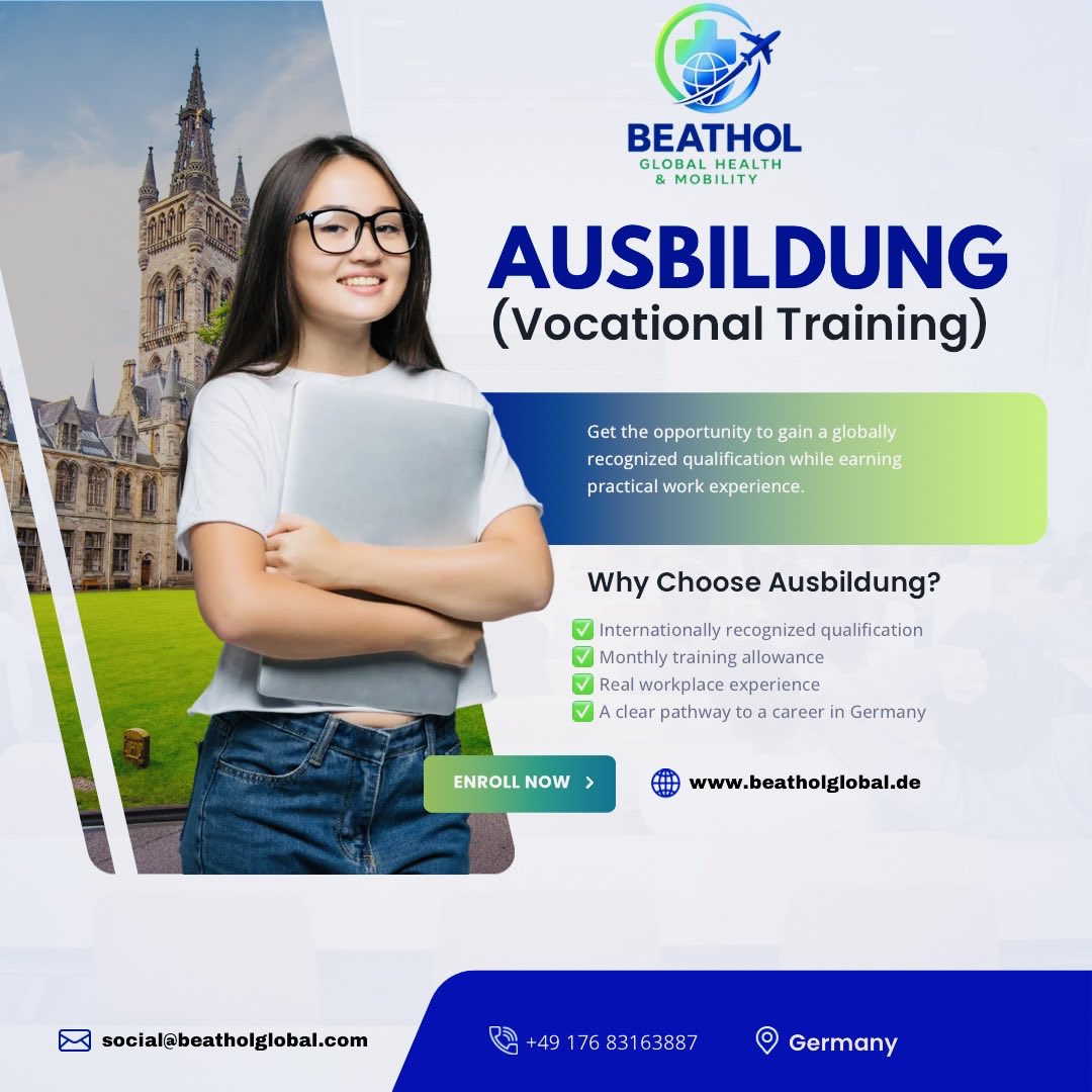 Beathol_Global's tweet photo. 🇩🇪 Germany Is Calling!

The Ausbildung (Vocational Training) program in Germany gives you the opportunity to gain a globally recognized qualification while earning practical work experience. #Ausbildung #StudyAndWork #CareerInGermany #VocationalTraining #viral 
 #GermanyJobs https://t.co/NQd0F6FIr1