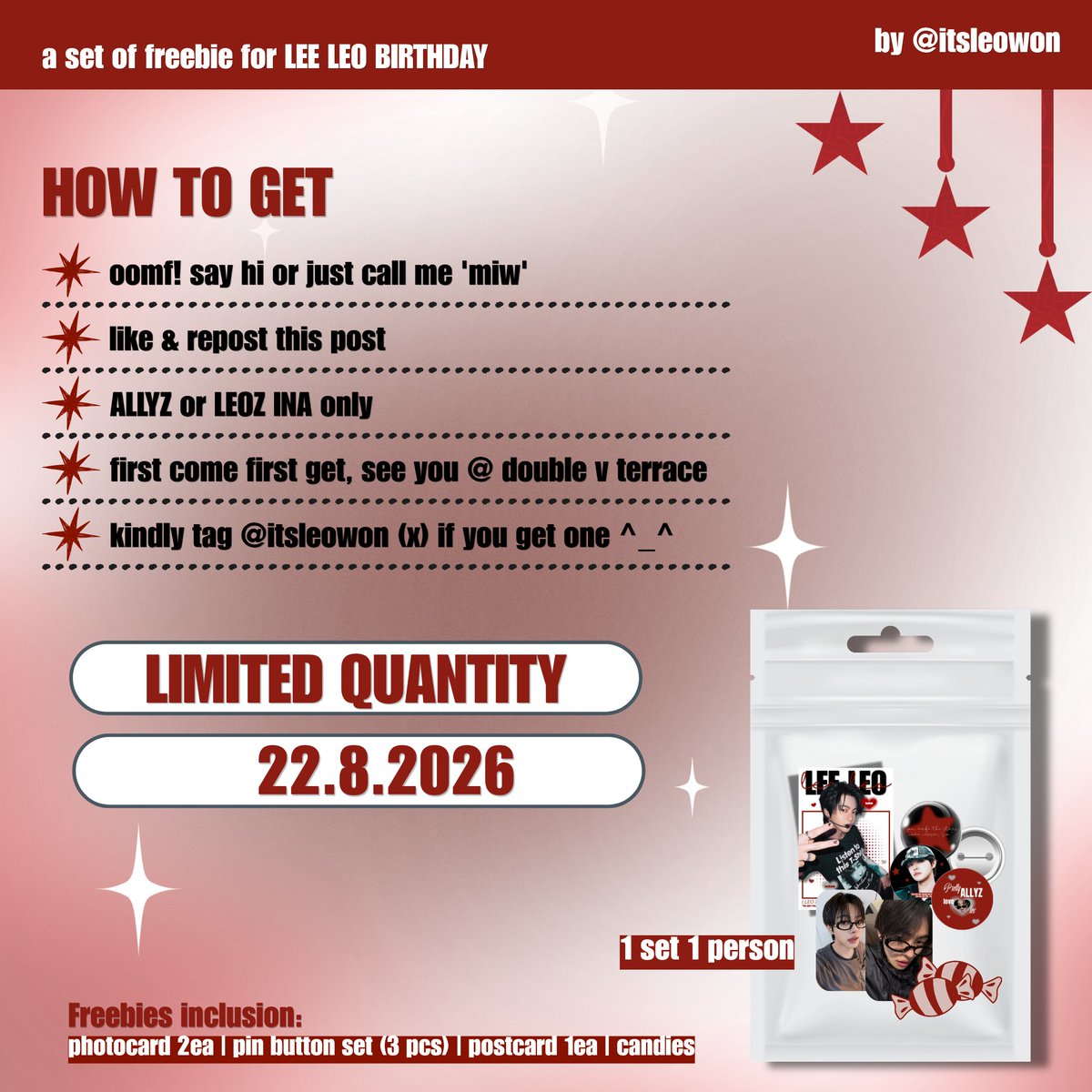 itsleowon's tweet photo. ۶ৎ Freebies for #LEO #리오 Birthday ۶ৎ

📆 22 Ags 2026
📍 Double V Terrace 
💭 how to get..? read the post 

a little set of freebie for my fellow allyz &amp; leoz! kindly REPOST &amp; like —see ya there!💕👋🏻

—and also availabe for online set: 🥳 please stay tuned yeaw!¡ https://t.co/J5NBlWfKaL