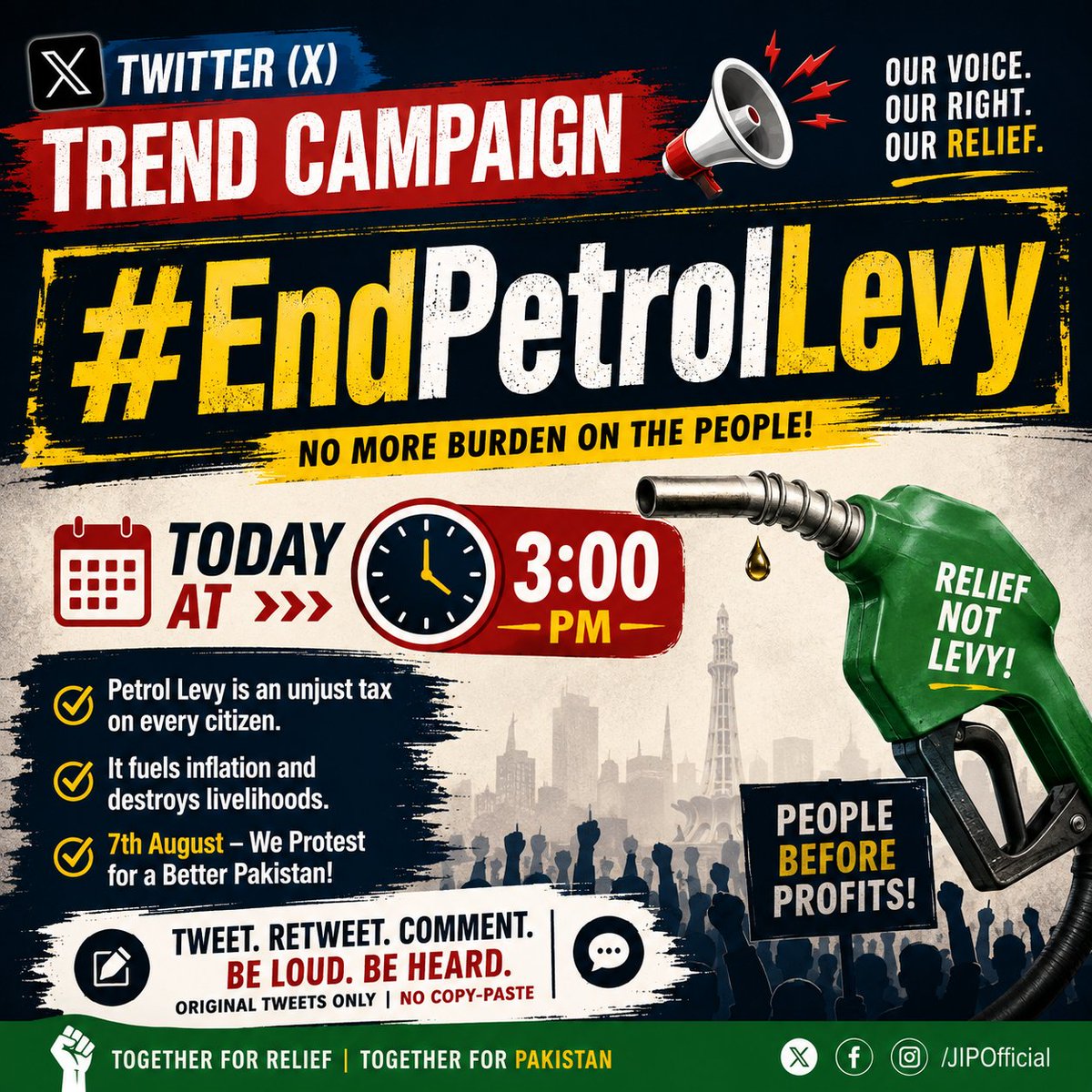 JIPOfficial's tweet photo. 🚨 Trend Campaign Is LIVE | Join Now

The Twitter (X) trend campaign against the unjust Petrol Levy is now underway.

We urge everyone to actively participate and raise their voice in a peaceful and effective manner. Despite all obstacles, we must ensure that the voice of the people reaches every platform.

Keywords:
Hafiz Naeem
Bhatta Levy NaManzoor

Hashtag:
#EndPetrolLevy