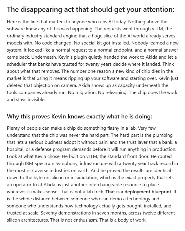 MIAM_Schwan's tweet photo. They said neuromorphic was stuck at the edge. This put it in the data center.
https://t.co/islqJa3VEq
Seventy demonstrations in seven months, across twelve different silicon architectures.That is not enthusiasm.That is a body of work! @computeontology 
@BrainChip_inc #Akida #IBM https://t.co/AcR5QKozc7