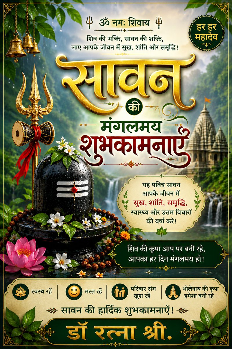 RatnaTdr's tweet photo. @rashtrapatibhvn
ॐ नमः शिवाय 🔱 समस्त श्रद्धालुओं/सनातनियों को पवित्र पावन श्रावण मास की हार्दिक शुभकामनाएं। सावन की पावन बूंदें आपको और आपके परिवार को सुख, शांति,समृद्धि और उत्तम स्वास्थ्य से भर दे। देवाधिदेव महादेव 🚩 की कृपा आप हम सभी पर सदैव बनी रहे।
#सावन_माह_की_शुभकामनाएं https://t.co/qlRy7FSJv2