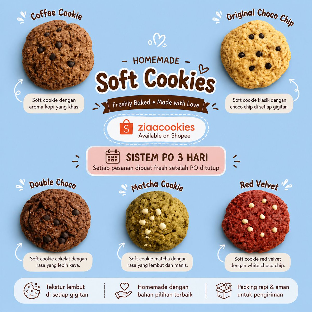 just_callme_zee's tweet photo. Di saat harga apa-apa naik, masih ada soft cookies yang belum nyentuh Rp10.000. 
Murah di kantong, insyaallah tetap nyaman di lidah. 
Yang mau cobain, bisa langsung checkout di Shopee ziaacookies. 
https://t.co/DlX4IuP5ax https://t.co/FiVehpoE5c
