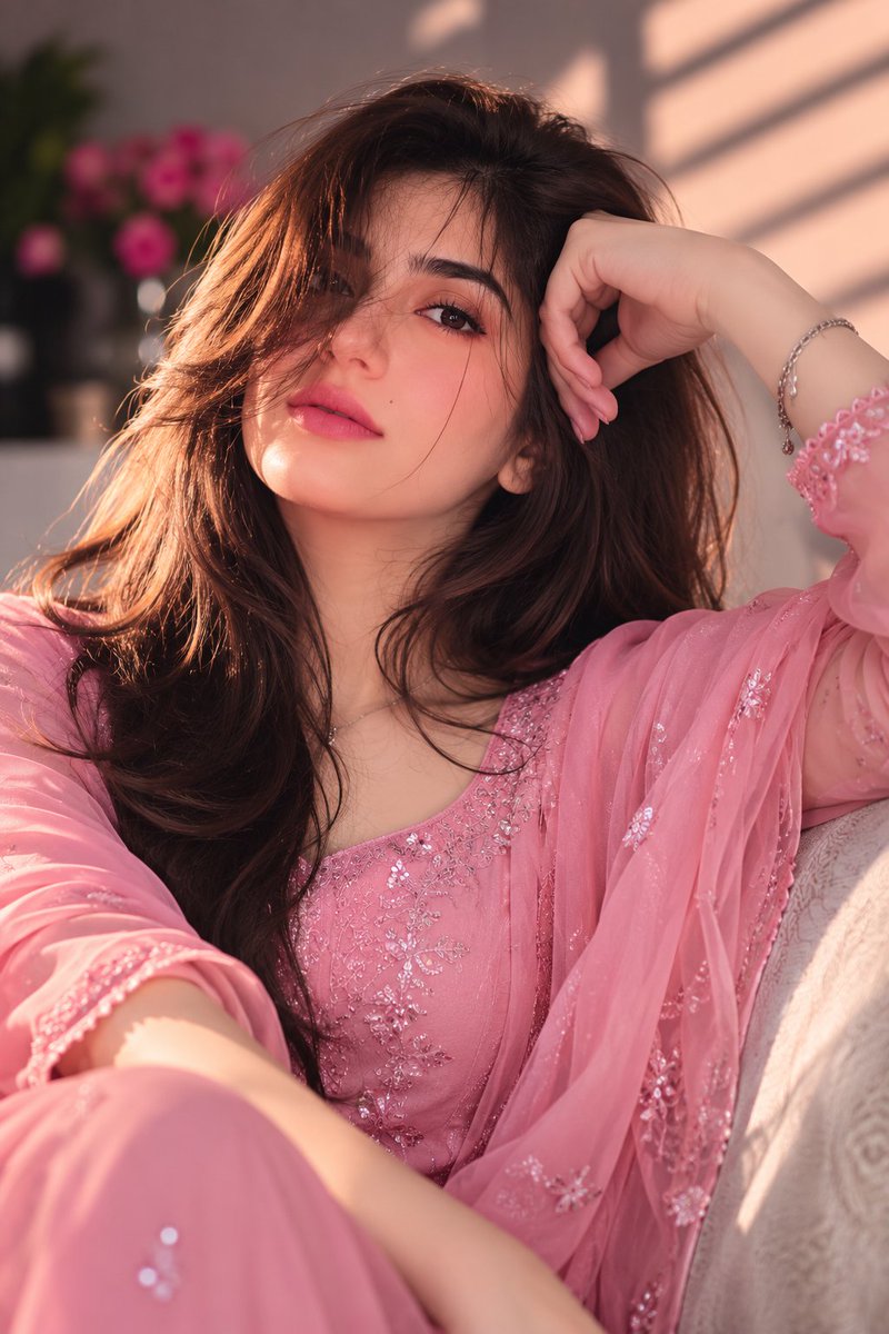 Minahil42298354's tweet photo. Radiant beauty in soft pink.

ChatGPT image 

Prompt:
A close-up portrait of a young woman with long, voluminous dark brown hair falling softly across her face. She has expressive brown eyes, light makeup with a soft pink lipstick, and rests her right hand near her head wearing a delicate silver bracelet. She is dressed in an ornate pink embroidered traditional outfit featuring sheer fabric and intricate sequin detailing. The scene is illuminated by warm, golden sunlight casting gentle patterns across her face and clothing, with a blurred indoor background featuring soft pink flowers.