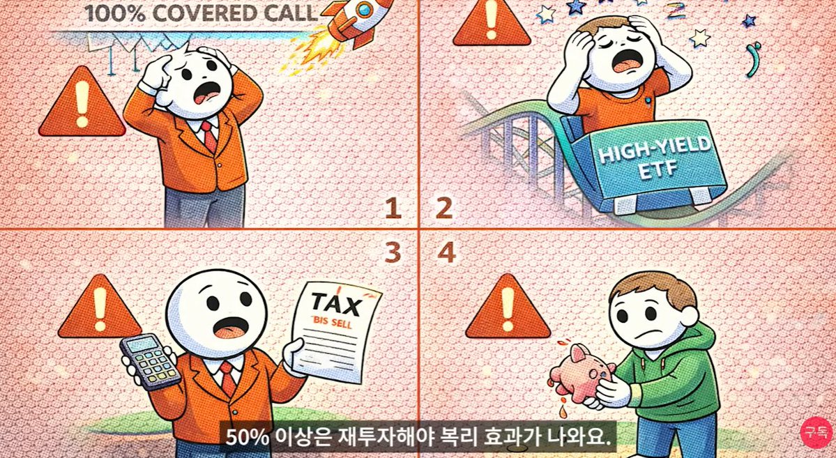 donbaek2's tweet photo. 연 13% 월배당, 커버드콜 ETF 분석
JEPQ,JPEI / QQQI, SPYI 

JEPI, JEPQ, SPYI, QQQI 네 가지 커버드콜 ETF의
전략과 세금 구조를 비교 분석한 영상 봤음
누군가는 자산깎아먹기라고 하지만
나는 어떻게 활용하느냐에 따라서 현금흐름을 만드는
확실한 자산투자라고 생각 함 
10가지로 정리해봄

1. 분배금은 배당금이 아니라는 것
배당금은 기업 이익을 나눈 거지만 분배금은
옵션 프리미엄·배당·자본환원이 섞여 있어서
높은 분배율이 원금 일부를 돌려받는 것일 수도 있다고 함

2. 커버드콜은 아파트가 아니라 오피스텔 전략이라는 것
시세 차익을 포기하는 대신 매달 
안정적인 월세(프리미엄)를 받는 구조라고 함
나스닥이 30% 올라도 10%만 따라가지만 
횡보·하락장에서는 오히려 유리하다는 것

3. JEPI·JEPQ는 일반 커버드콜, SPYI·QQQI는 콜스프레드 전략
일반 커버드콜은 상승분을 특정 가격에서 
완전히 막아버리지만
콜스프레드는 추가 옵션 매수로 
상승분 일부를 더 가져갈 수 있다고 함
100→120달러 상승 시 일반 커버드콜은 8달러, 
콜스프레드는 17달러를 번다는 것

4. 하락장에서는 프리미엄이 방어막 역할을 한다는 것
2022년 S&P500이 18% 빠졌을 때 
JEPI는 배당 포함 4% 하락에 그쳤다고 함
14%p를 방어해준 셈이라는 것

5. 한국 투자자에게는 ROC 세금 혜택이 없다는 것
미국에서는 QQQI·SPYI의 분배금 98%가 
자본환원(ROC)으로 분류돼 당장 과세를 피하지만
한국 세법은 이를 구분 없이 전액 배당소득으로 
간주해서 15% 원천징수가 똑같이 적용된다는 것

6. 금융소득 2천만원을 넘으면 종합과세 대상이 된다는 것
JEPI에 2.5억만 투자해도 연 2천만원을 넘어서
종합과세 대상이 되고 최대 49.5%까지 
세율이 올라갈 수 있다고 함

7. 지역가입자는 건강보험료도 크게 오를 수 있다는 것
운용보수 차이가 장기적으로 크다는 것
JEPI·JEPQ는 0.35%, SPYI·QQQI는 0.68%로 
두 배 차이임

8. 1억 투자 시 30년이면 약 1천만원 차이가 난다는 것
월배당 재투자의 복리 효과가 크다는 것
1억을 QQQI에 투자해 매달 재투자하면 
연 재투자보다 10년 뒤 2천만원,
20년 뒤엔 1억 7,500만원 차이가 난다는 것

9. 연령·상황별 권장 비중이 다르다는 것
은퇴자는 60% 이하, 50대는 30~40%, 3040대는 30% 이하, 20대는 10% 이하가 적당하다고 함
공격적 투자자는 커버드콜보다 
QQQ 같은 성장주가 더 맞음

10. 흔한 실수 네 가지
100% 커버드콜 몰빵, 
분배율만 보고 투자, 
세금 계산 없이 투자,
배당금 전액 소비임
분배금의 50% 이상은 재투자해야 복리 효과가 난다는 것

모든지 100% 안전한건 없고
100% 정답은 없음
커버드콜의 리스크는 하락장에서 떨어진게 상승장에서는
못올라가기 때문에 자산깎아먹기라고들 표현함
그래서 잘 숙지하고 전략적으로 이용해야함