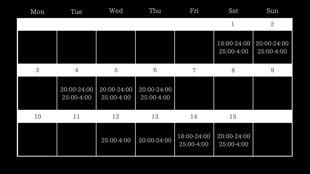 __154en's tweet photo. 8月前半いる日🖤

18:00-24:00 @neglycoco 
25:00-4:00  @snack_negly https://t.co/YmOGyobu1i