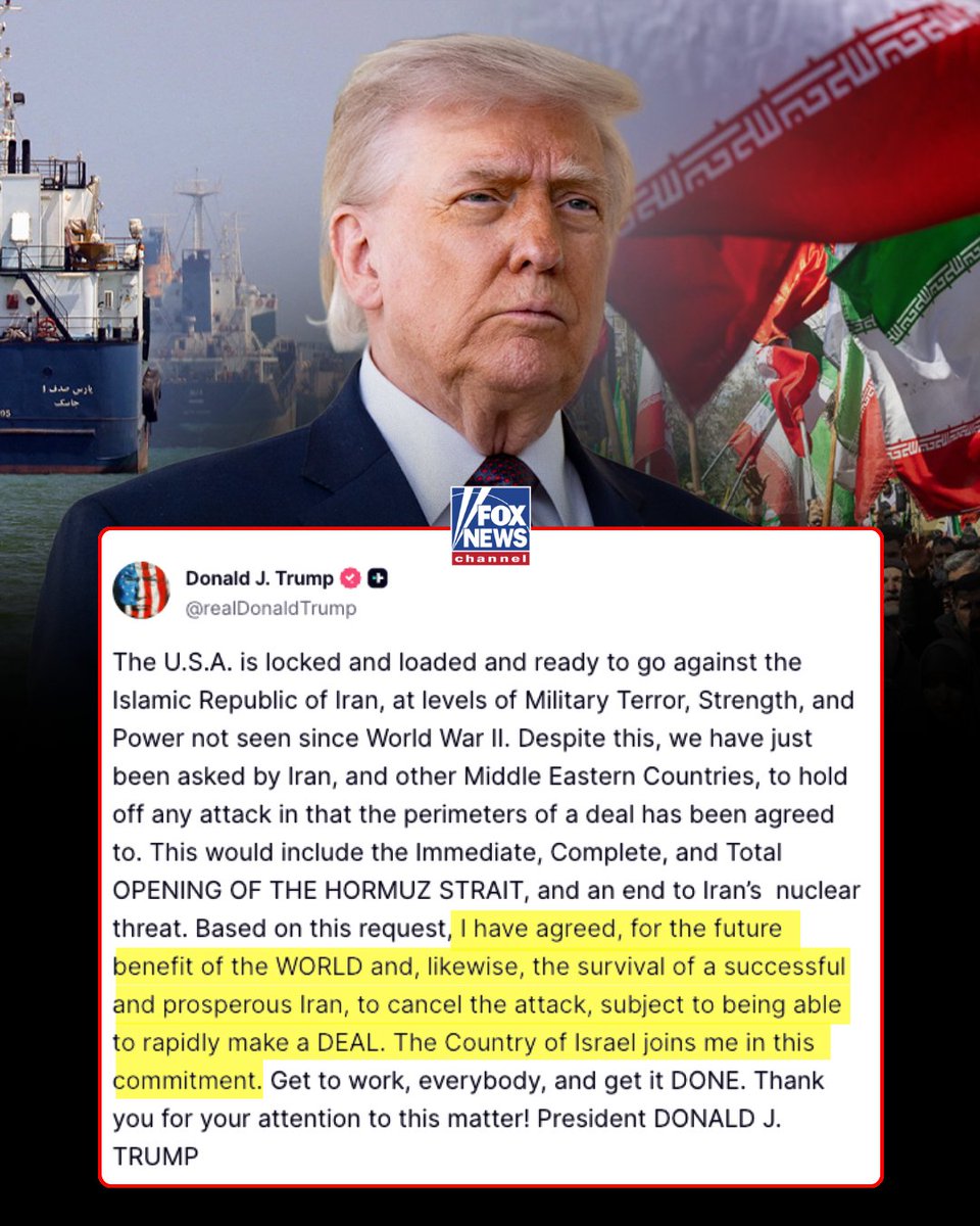 FoxNews's tweet photo. President Trump says the U.S. will halt a planned military strike against Iran as Washington and Tehran work toward a deal. https://t.co/lu9gsd0IE1