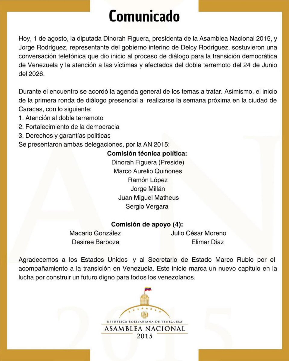 ReporteYa's tweet photo. #2Ago #Comunicados
@oscarfmurillo :-EE.UU., a través de @ASDylanJohnson del Departamento de Estado, suscribe y avala los pronunciamientos de @Dinorahfiguera y la @AsambleaVE, remarcando aspectos clave de la agenda que será parte del diálogo formal con el gobierno provisional: "fortalecer las instituciones democráticas, ampliar las libertades políticas y avanzar hacia un futuro más estable y próspero para el pueblo de Venezuela".