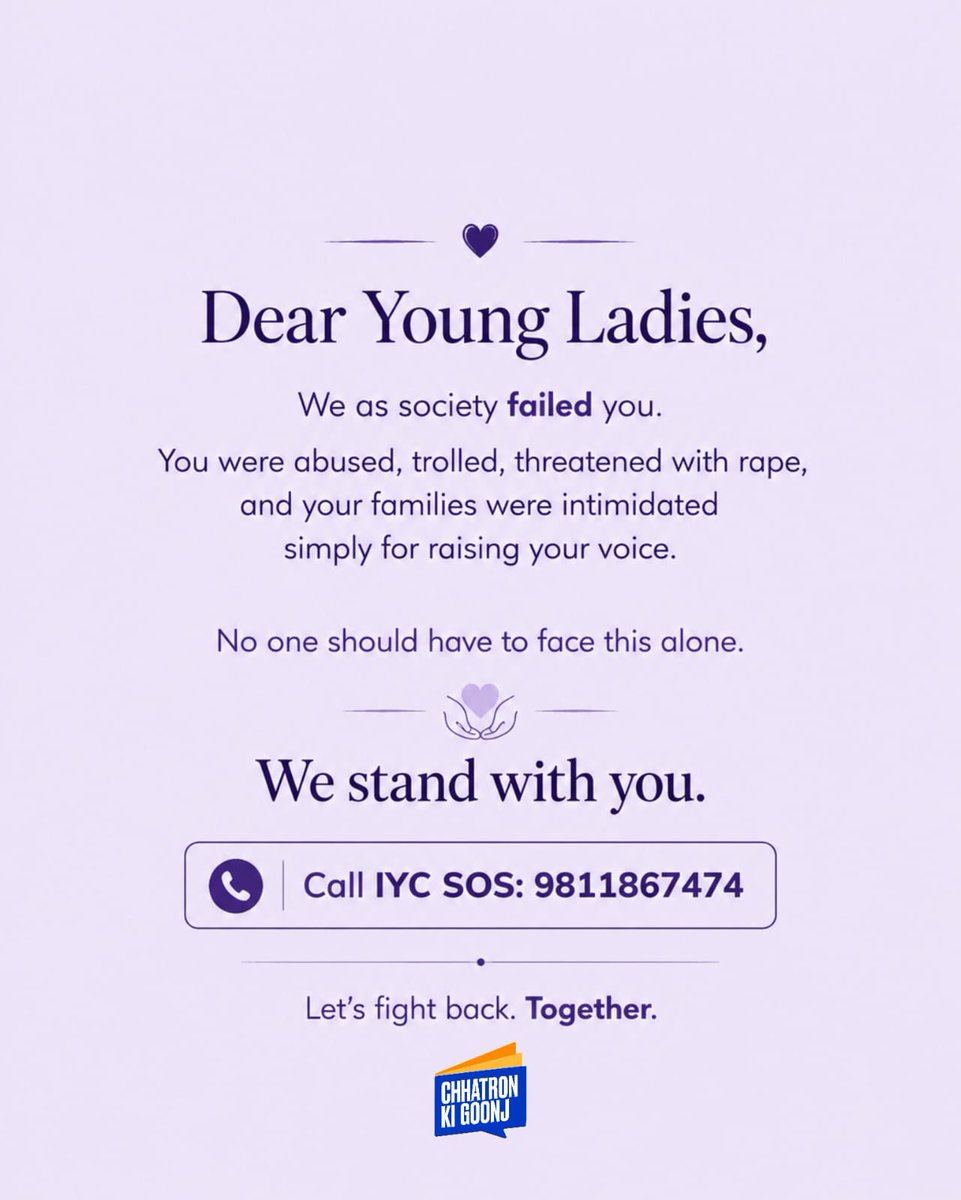 IYC's tweet photo. To every young woman facing abuse, threats or intimidation from Right Wing Goons for raising her voice, you are not alone. ❤️

We stand with you. 
📞 IYC SOS: 9811867474 https://t.co/eK11bX4gsQ
