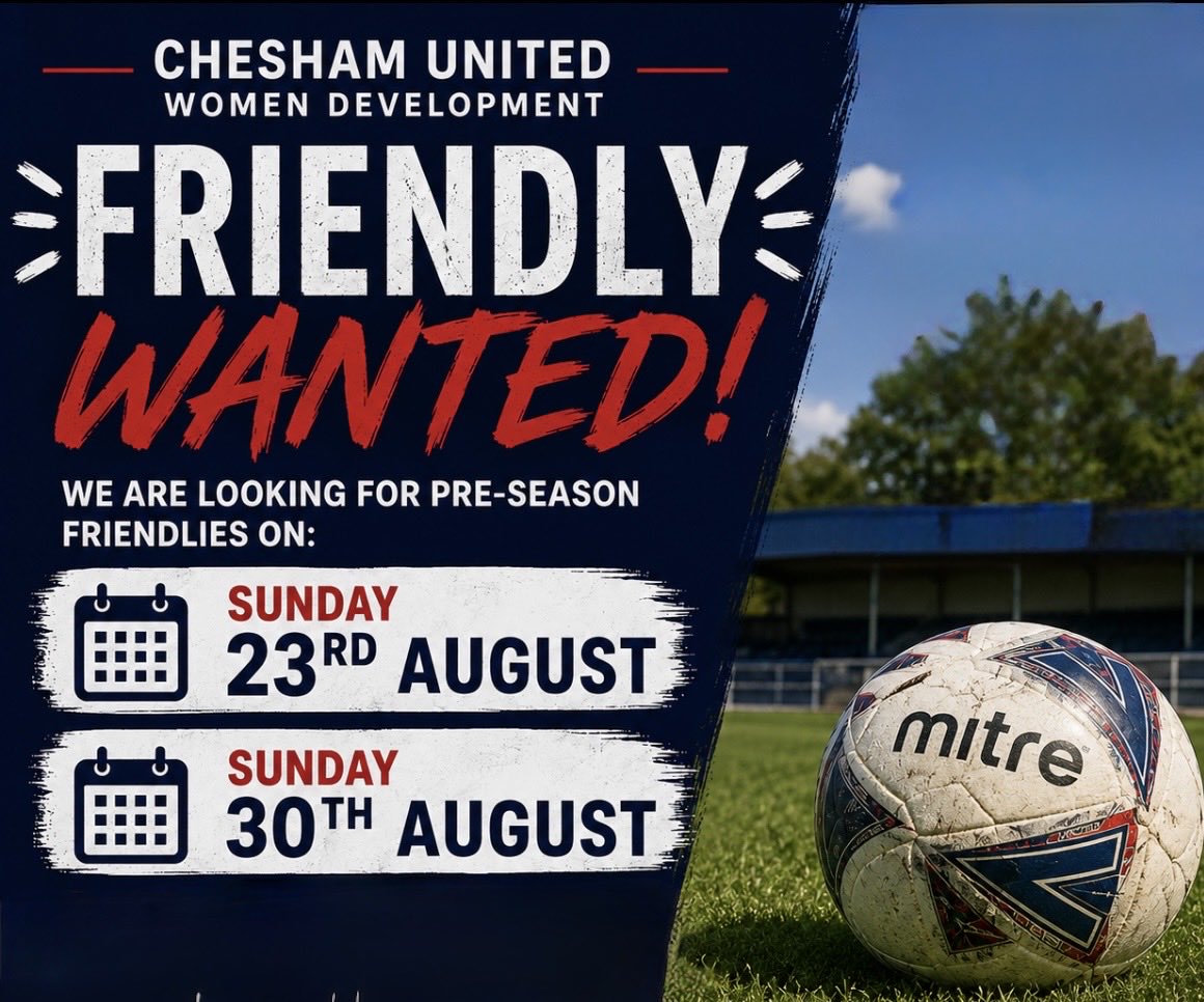 CUWFCDevTeam's tweet photo. Looking for pre-season friendlies! 
Chesham United Women Devs are looking for friendly matches on:
Sunday 23rd August
Sunday 30th August
We're happy to play home or away and are looking for teams tier 6 or below!
Contact us if you’re interested 💜💙 https://t.co/pqDpEsiRNU