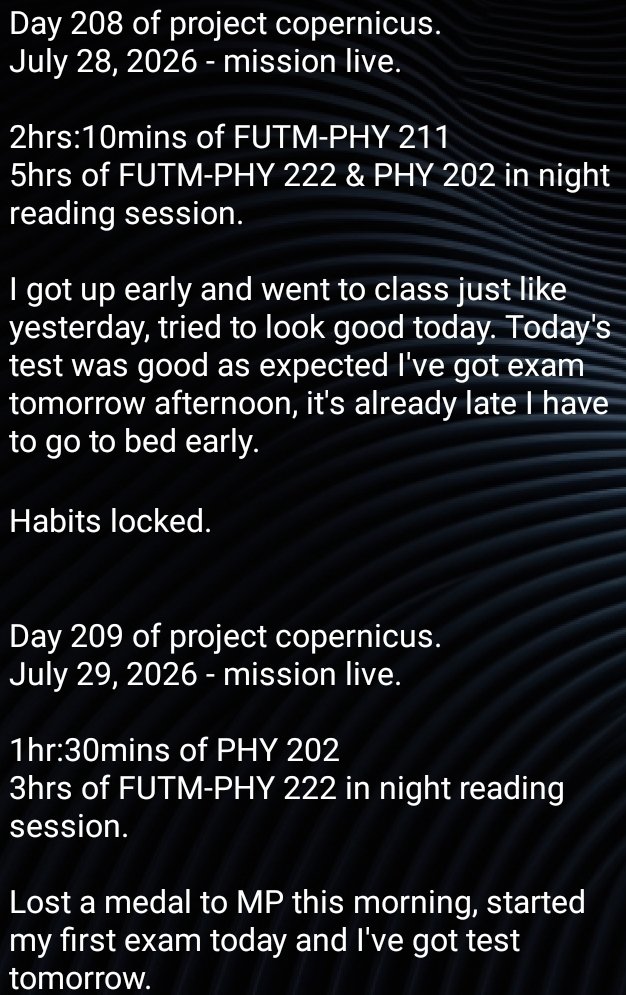 godisacurx's tweet photo. Week 30 Recap: Days 206 β 212 | #ProjectCopernicus
A fast exam-heavy week with tests and papers coming in quickly. Still managed consistent night reading sessions.
TRH: ~39 hrs
Last week moved fast. Next week continues the exam push. Staying locked in.
Still strong. π https://t.co/blu6qJ4tPP