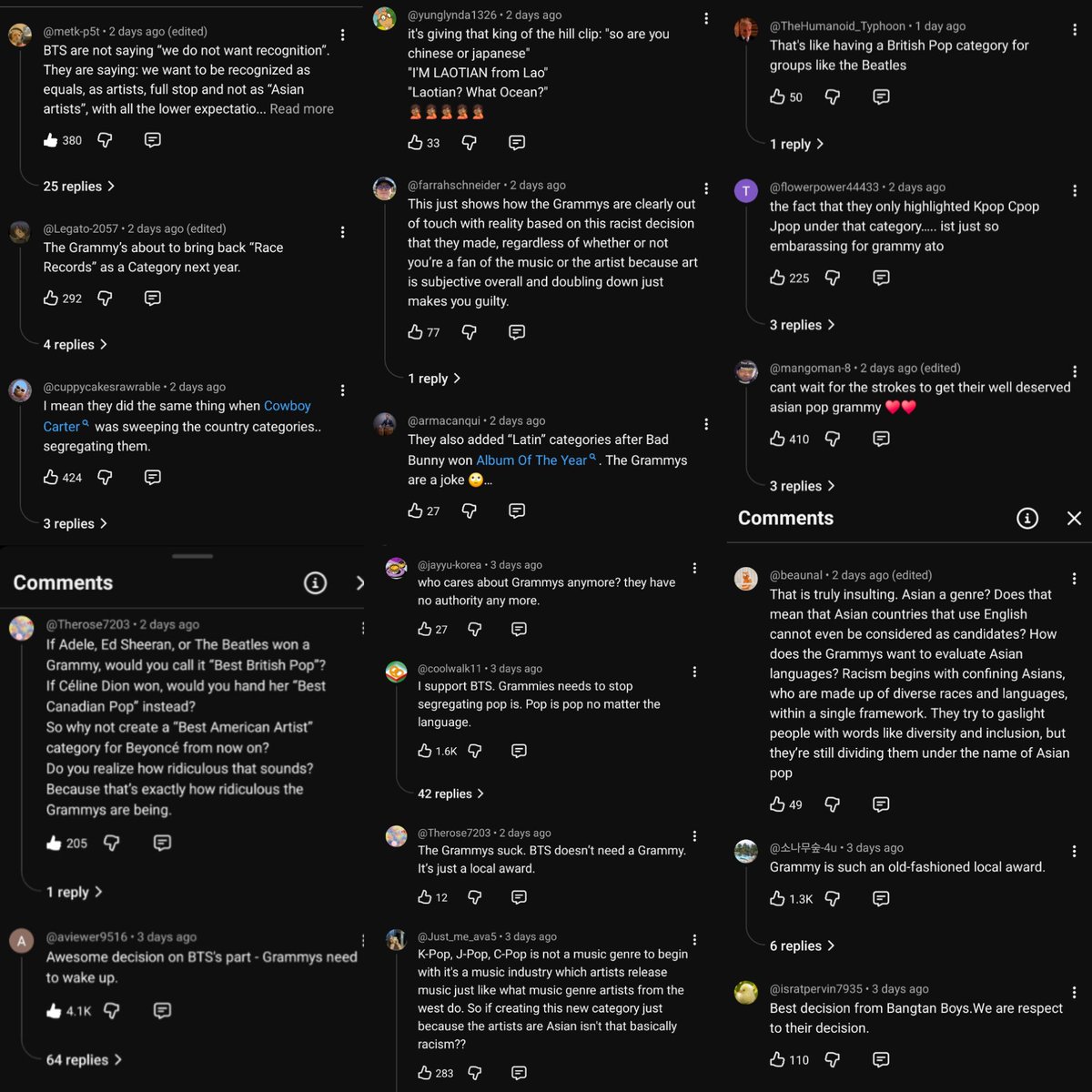 rize07addict's tweet photo. Every podcast channel on Youtube is talking bout BTS's decision to not submit for the Grammys and the ridiculousness of the new Asian Pop Category,, the comments are filled with locals &amp; non-fans supporting BTS and calling out the Recording Academy,,

#ArtHasNoAliens https://t.co/YvSS3SIOzl