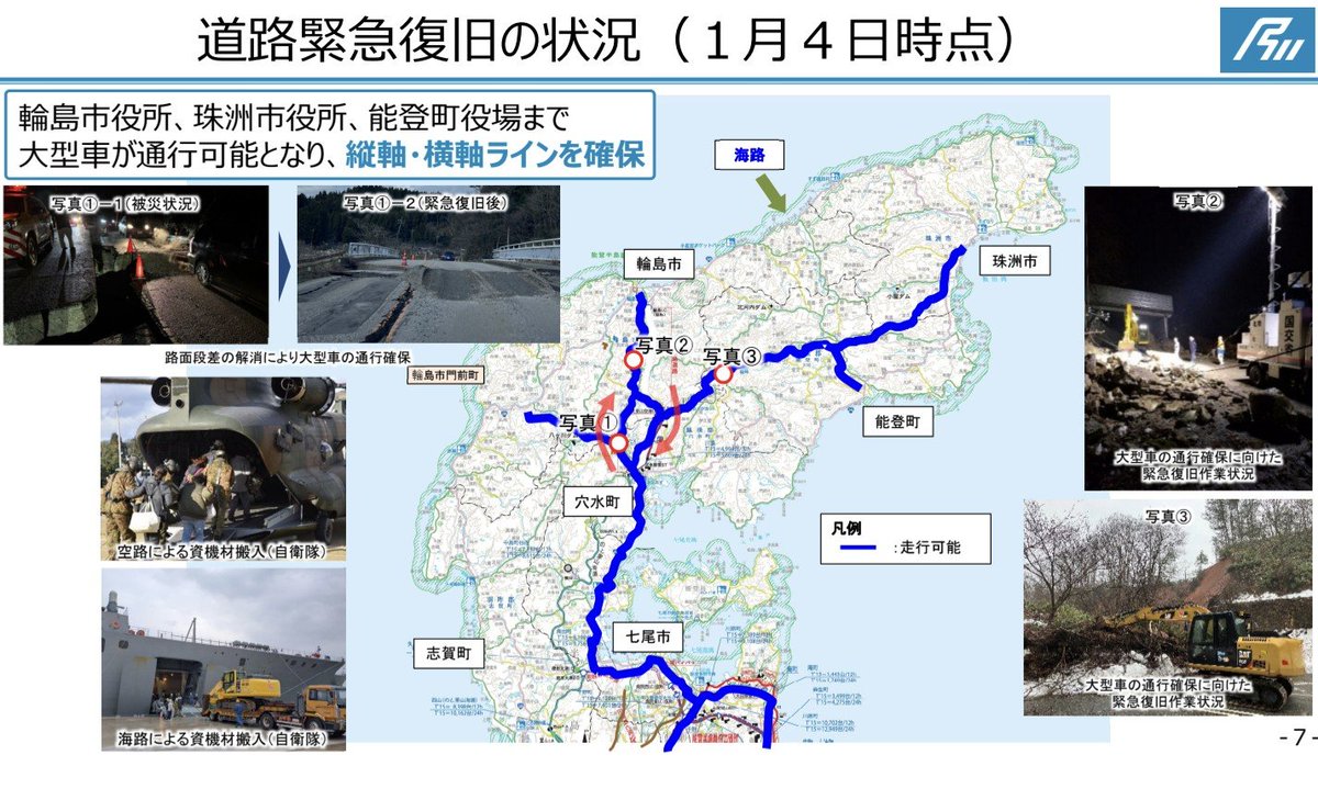 suzuseien's tweet photo. 熊本地震と能登半島地震での復旧の速度の差が話題ですね。
能登の場合、
･山地の多い半島という環境
･本来災害時にこそ能力を発揮すべき根元の高規格道路が大規模被災
･残った国道等も大量輸送には不向きな規格
･結節点で大規模なラウンドアバウトを構成して辛うじて片側1車線を確保
という事情がありました。
これでは高速･大量輸送は難しいですね。一方で熊本はそうではありません。
復旧に携わる皆様がどれだけ悩み苦しんで、最善を尽くし続けても、どうにもならないことはあるのです。
そんな能登でも高規格道路が災害時こそ能力を発揮できるような復興計画が進みつつあります。同じ轍は踏みません。

…さて、あなたの地元はいかがでしょうか？