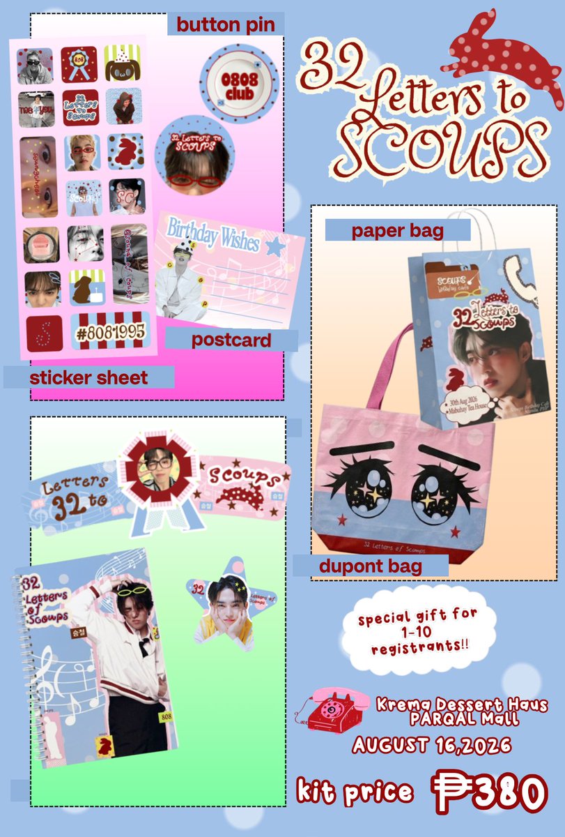 32LTSph's tweet photo. 💭 32 Letters to S.Coups 📭⭐️

📮16th August 2026
🆕🖇️Krema Dessert Haus, Parqal Mall
📝 PHP 380
💌 Get your mail here: https://t.co/vDpM3hRi6f

First 10 will receive a surprise gift from us! 𖹭⑅𖹭

#Letters2Scoups #에스쿱스 #SCOUPS #SEVENTEEN