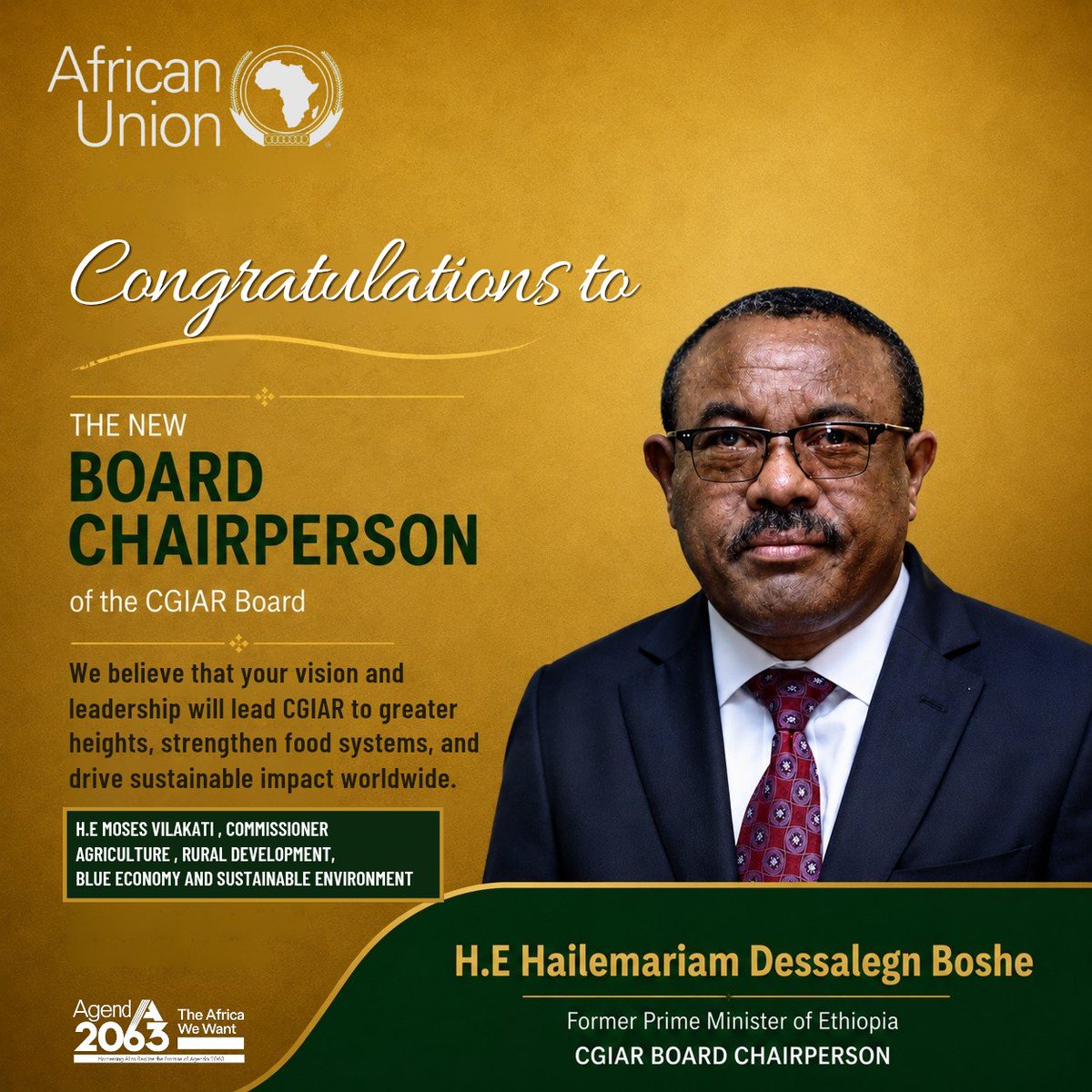 MosesVilakati's tweet photo. I wish to take this opportunity to extend my heartfelt congratulations to H.E. Hailemariam Dessalegn Boshe (@HMDessalegn)  on his appointment as the first Chair of the @CGIAR Board.

I am confident that your distinguished leadership, vision, and commitment to sustainable development will guide CGIAR in advancing agricultural innovation, strengthening resilient food systems, and creating lasting impact across Africa and beyond.

Wishing you every success in this important role.

Congratulations once again!

@AU_DARBE @AfricanUni_FSRP