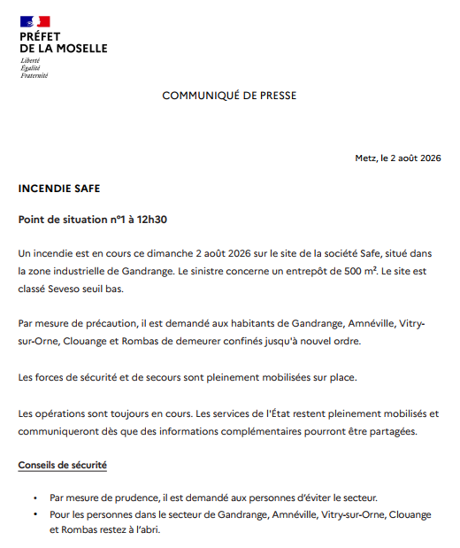 Image de Préfet de la Moselle - #information | Un incendie est en cours ce dimanche 02 août 2026 sur le site SAFE à Gandrange