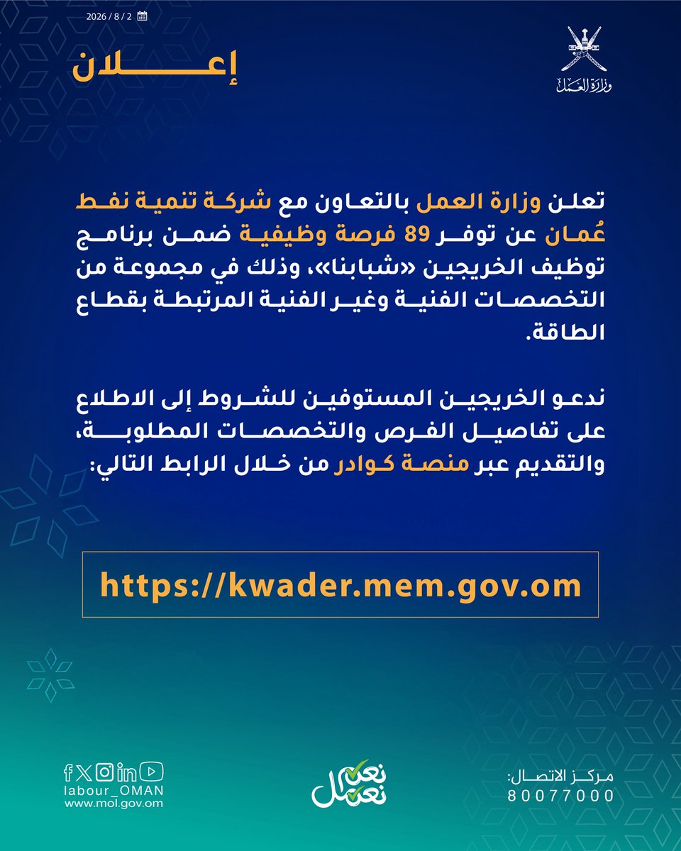 Labour_OMAN's tweet photo. تعلن #وزارة_العمل، بالتعاون مع شركة تنمية نفط عُمان@PDO_OM ، عن توفر 89 فرصة وظيفية ضمن برنامج توظيف الخريجين «شبابنا» في عدد من التخصصات الفنية وغير الفنية بقطاع الطاقة.

للاطلاع على التفاصيل والتقديم عبر منصة كوادر من خلال الرابط التالي🔻

https://t.co/afrzJYDEYe https://t.co/tb1XFGGNjN