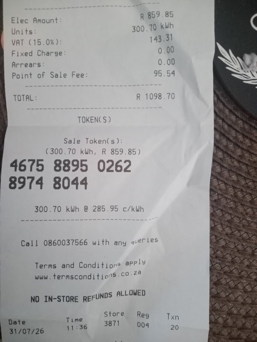 JustXavierB's tweet photo. In 1 Transaction I paid Checkers... 

Who then paid SARS and also Pioneer Meters who then paid the Body Corporate who then Paid City of Joburg

From that 1100 got me R850 worth of electricity

We have too many players involved and only @Eskom_SA actually generates the product https://t.co/5yFBHIQfpI