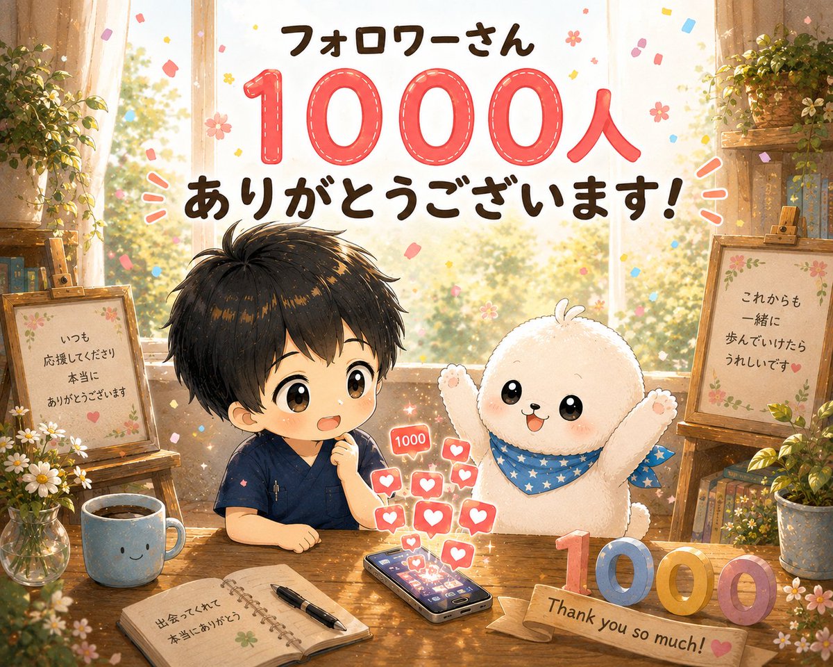 choco310c's tweet photo. ✨フォロワーさん1000人✨
本当にありがとうございます🌸
最初は、noteを読んでもらうきっかけになればと思って始めた𝕏でした。
でも今では、毎朝「おはようございます」と挨拶を交わしたり、写真やイラストを楽しんでもらえたり、皆さんとの交流そのものが毎日の楽しみになっています😊
先日900人を超えたばかりだったので、こんなに早く1000人という節目を迎えられて、本当に驚いています。
いつも見てくださる方、コメントやいいねで支えてくださる方、本当にありがとうございます。
これからも、ほっとできる朝や、日々の小さな幸せ、そして看護師として感じたことを、自分らしく発信していきます🍀
これからも、どうぞよろしくお願いします✨