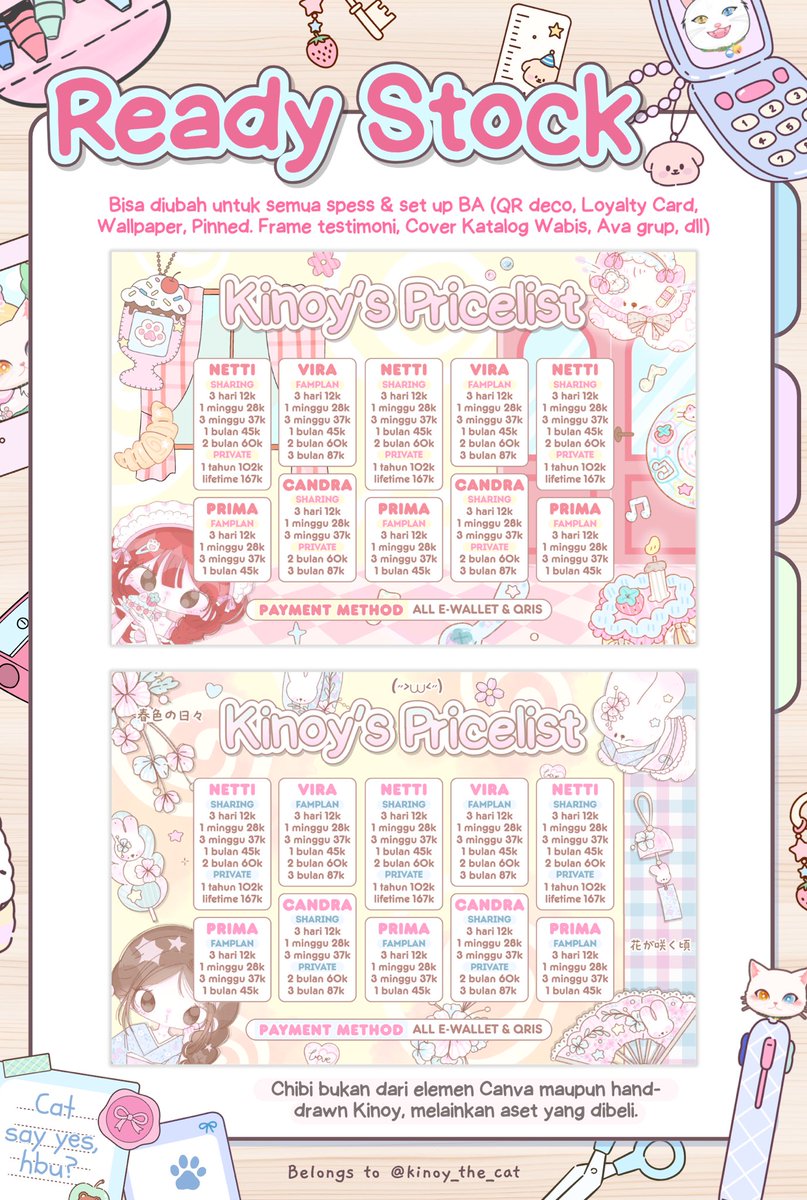 kinoy_the_cat's tweet photo. 😼🗯️ Help RTnya kaka~ timakaci!

Kinoy bawa lagi 4 bundle layout chibi + edit PL seharga 60.000 yg dijuwal buat 1 orang aja per-desainnya #ekslusifcuy 💥🥁 Bisa dijemput SEKARANG via DM/WA <3

💰 Satuan : Layout 35K - Pricelist 42k
Detail? Scroll!

#Bealanja #RSkinoy ready stock https://t.co/qbN11sJnxb