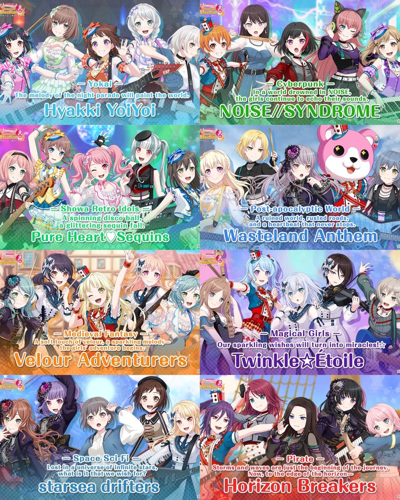 BandoriParty's tweet photo. ✨ 6th General Election

Here are all the bands you can vote for starting tomorrow, August 3rd! 

Which band is your favorite? https://t.co/PTia3XCbfu