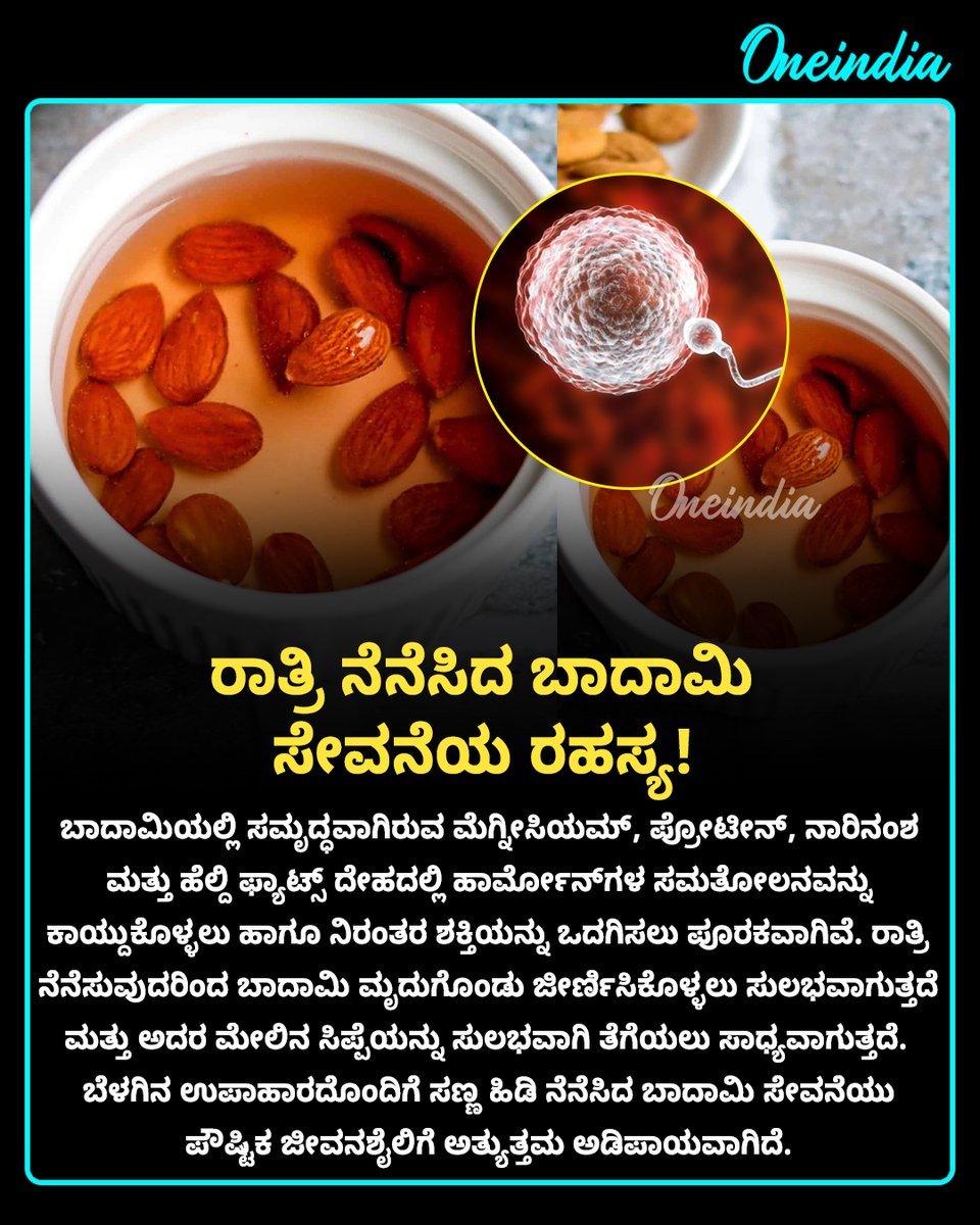 OneindiaKannada's tweet photo. 🌰 "ರಾತ್ರಿ ನೆನೆಸಿದ ಬಾದಾಮಿ ಸೇವನೆಯ ರಹಸ್ಯ!": ಮಹಿಳೆಯರ ಹಾರ್ಮೋನ್ ಸಂತುಲನ ಹಾಗೂ ಸಂತಾನೋತ್ಪತ್ತಿ ಆರೋಗ್ಯಕ್ಕೆ ವರ!
#SoakedAlmonds #WomensHealth #HealthandWellness #OIKannada #NutritionalTips #HormonalBalance #HealthyLiving https://t.co/3KSdqWGjbZ
