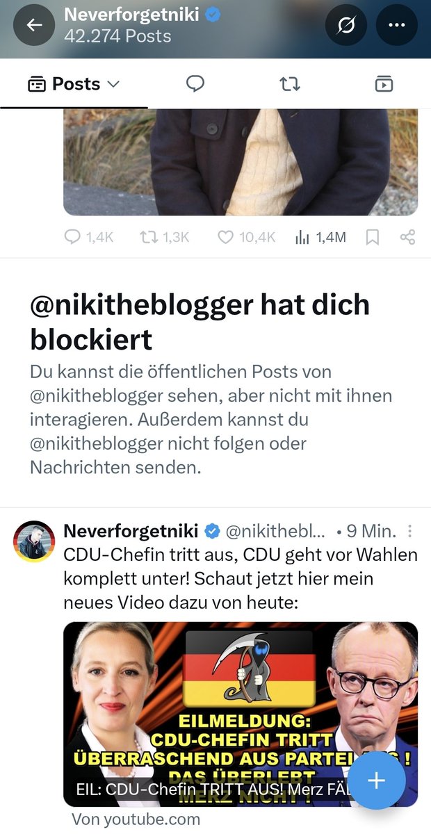 GeneralTeufels's tweet photo. Hat mich der kleine Lügner @nikitheblogger blockieren müssen, weil ich seine Lügen zu oft enttarnt habe. So sieht Meinungsfreiheit bei der A... für Dumme aus! #Nikitheblocker https://t.co/7ld36Rkba2