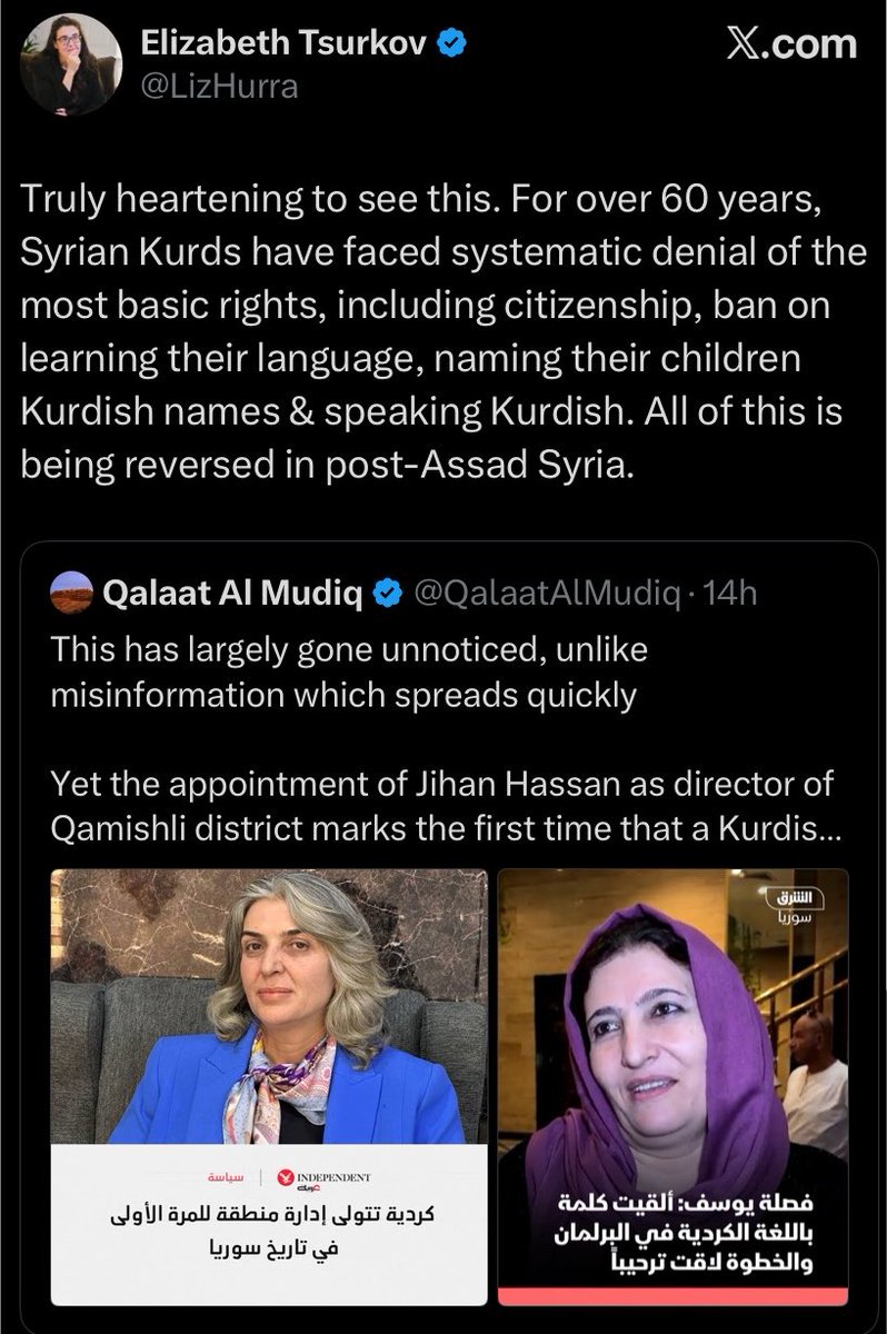 karimfranceschi's tweet photo. Elizabeth blocked me, hoping her audience doesn't see my replies dismantle her lies. Of course this is a complete and blatant misrepresentation of the reality on the ground.

1 - The Autonomous Administration of North and East Syria (AANES) had women covering every position of power, with the co-leadership model. And she was already covering that position since she comes from AANES, and Qamishlo, as well as Derek haven't been taken over by Jolani's “Security forces”, since his January offensive stopped at the gates of Hasakeh, that's 80km short of Qamishli, where the de facto authority is still AANES. Troops and the military power there still sit with the SDF. So confirming someone else for that position would've been awkward to say the least.

2 - What's even a bigger distortion is that Jolani has opened the door to Kurdish recognition, while just a week ago the Kurds of Rojava were in shock to learn of the order to REMOVE Kurdish-language education at the university level, in favor of English and Arabic. This is a de facto ban on par with Baathist language policies. With a further reduction to a maximum of two hours as an elective language for all the other grades. Mind you, for the last 15 years, an entire generation studied in their mother tongue Kurdish for all grades including university. And that's a rollback that could compromise the very integration agreement, regardless of the balance of powers. Yet, Tsurkov here characterizes it as a benevolent concession breaking from past regime traditions. ( for more on the subject of Kurdish language rights in Syria follow @_____mjb) 

3 - Any researcher worth his salt, and not working to peddle jihadi state propaganda, would as a minimum check with the locals and ask what they think. Do the Kurds in Rojava agree with Tsurkov's "heartening view" on the newfound regime's benevolence towards its Kurdish subjects? I swear they'd SPIT ON HER FACE. And here’s the hard truth; Mazloum Abdi failed Rojava, alongside the entire leadership of AANES the movement they walked into the March agreement, and negotiated away their people’s, earned in blood, right to self determination. And the main reason is that they are increasingly treated as a security problem, just like the previous regime, and the other regime-states which have historically occupied Kurdish land. That's why the rollback in language rights, which paradoxically finds no justification in any interpretation of Islam, that's all Baath, rearing back its ugly face. And the worst part is that the one-man new regime has now a well established pattern of walking back on its promises when it comes to the Kurds, and they feel the Damocles sword hanging over their heads, dreading the moment he decide to walk back the SDF integration too.