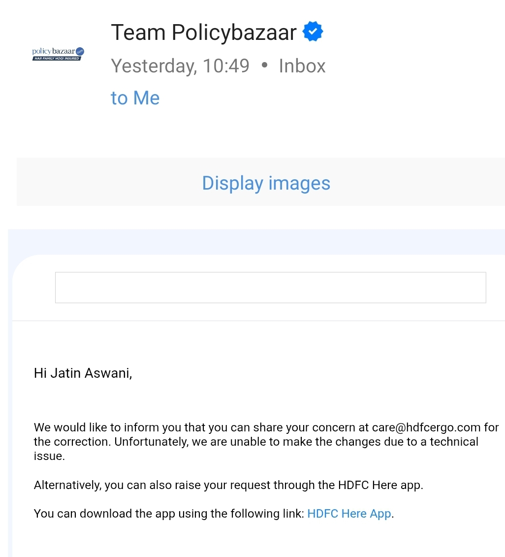 jaswani62's tweet photo. @policybazaar @HDFCERGOGIC 
Both Policybazaar &amp; HDFC ERGO are not able to solve a simple mistake created by them in last 3 days. https://t.co/l0d64jM6ps