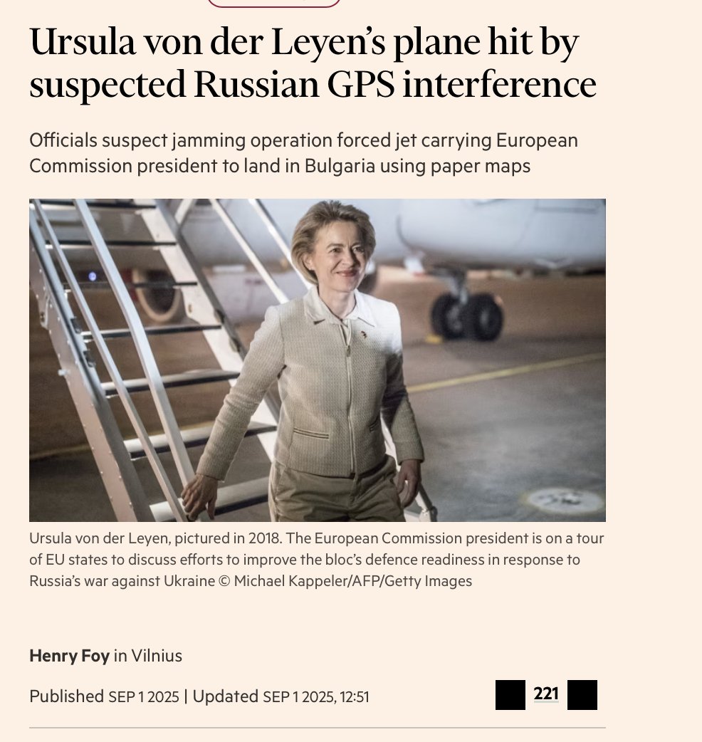 BrianMcDonaldIE's tweet photo. One year ago today, the FT breathlessly claimed Russia jammed Ursula von der Leyen’s plane in Bulgaria. 

Bulgaria later said it wasn’t true. 

There has been no correction, no apology from the newspaper...  just another ghost story left to drift in the ether. https://t.co/E7A9BqnJI1
