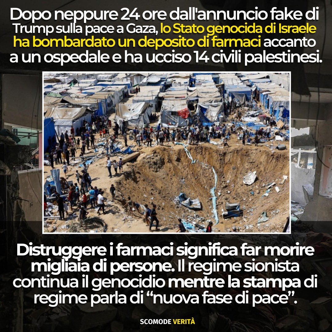 ale_dibattista's tweet photo. Trump annuncia accordi-fake che i media di regime si bevono mentre Israele bombarda depositi di farmaci e fa strage di civili. Leggete qui 👉 https://t.co/7Tt5z7Tfin e iscrivetevi al mio canale Substack https://t.co/p3pu0Fwlp9