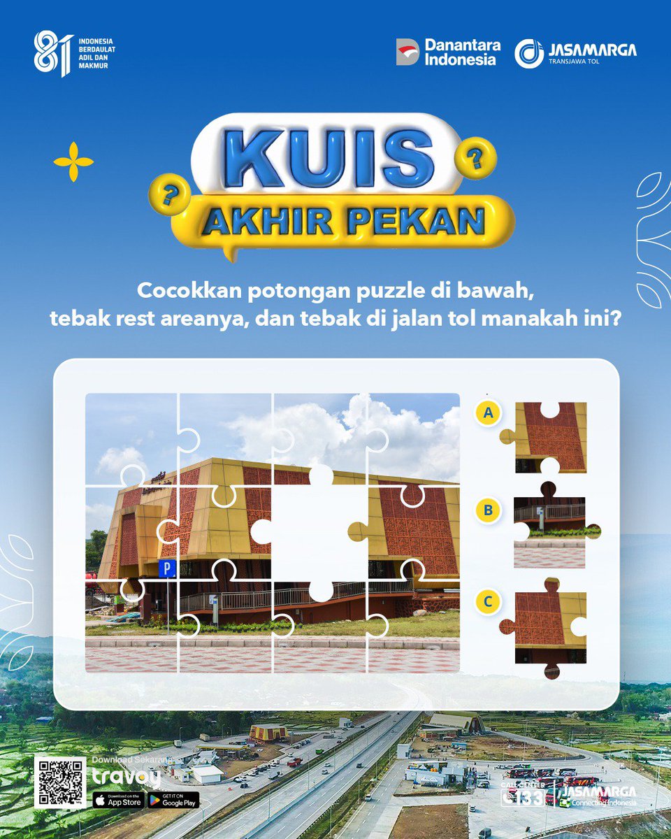 jmtransjawa's tweet photo. Kawan JM, sudah siap dengan kuis kali ini? Yuk ikutan kuisnya dengan cara:
1. Follow dan subscribe semua akun media sosial Jasamarga Transjawa Tol
2. Like dan share postingan ini, lalu berikan jawaban yang tepat di kolom komentar
3. Mention akun resmi PT Jasamarga Transjawa Tol, tag 3 teman, dan tambahkan hashtag #JTTKuisAkhirPekan
Peserta terpilih akan diumumkan pada Jumat, 7 Agustus 2026. Yuk, buruan ikutan kuisnya! Raih kesempatan jadi 2 peserta terpilih, karena masing-masing akun terpilih akan mendapatkan saldo E-Wallet sebesar Rp100.000,- lho!

Catatan:
Wajib mengirimkan foto identitas diri (KTP/SIM) dalam batas waktu 2x24 jam setelah pengumuman. Di luar batas tersebut, pemenang dinyatakan gugur.
#jasamargatransjawatol #jasamarga #jalantoltransjawa  #JTT