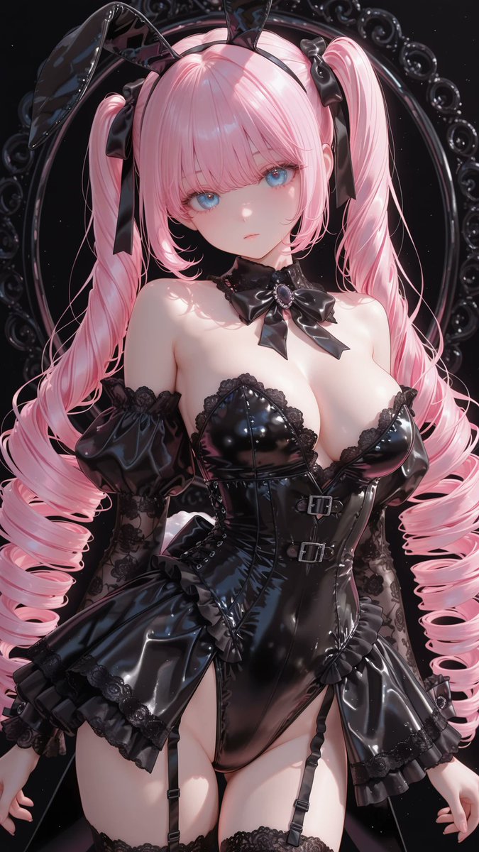 AliceLavli's tweet photo. 今日はバニーの日なので、フリルのバニー服の衣装プロンプトをどうぞ👯
frilled black bunny girl costume, luxurious black satin bunny suit, fitted sweetheart corset bodice, structured corset seams, glossy jet black satin front panel, matte black satin side panels, strapless sweetheart neckline, detachable off-shoulder puff sleeves, layered black chiffon frills, scalloped black lace sleeve edges, high-cut bunny suit silhouette, fitted waist, short layered bustle overskirt, cascading black ruffle layers, embroidered black floral lace trim, delicate black lace frills throughout, oversized black satin back bow, black crystal brooch at the center chest, black pearl accents, black satin ribbon details, black lace cuffs, black satin wrist bows, sheer black lace garter stockings, black satin garter straps, fluffy black rabbit tail, oversized black satin bunny ears, black lace inner ears, black satin outer ears, elegant couture finish, luxurious gothic frilled bunny aesthetic, pure black color scheme only, strict color placement
