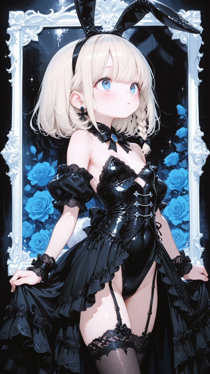 AliceLavli's tweet photo. 今日はバニーの日なので、フリルのバニー服の衣装プロンプトをどうぞ👯
frilled black bunny girl costume, luxurious black satin bunny suit, fitted sweetheart corset bodice, structured corset seams, glossy jet black satin front panel, matte black satin side panels, strapless sweetheart neckline, detachable off-shoulder puff sleeves, layered black chiffon frills, scalloped black lace sleeve edges, high-cut bunny suit silhouette, fitted waist, short layered bustle overskirt, cascading black ruffle layers, embroidered black floral lace trim, delicate black lace frills throughout, oversized black satin back bow, black crystal brooch at the center chest, black pearl accents, black satin ribbon details, black lace cuffs, black satin wrist bows, sheer black lace garter stockings, black satin garter straps, fluffy black rabbit tail, oversized black satin bunny ears, black lace inner ears, black satin outer ears, elegant couture finish, luxurious gothic frilled bunny aesthetic, pure black color scheme only, strict color placement