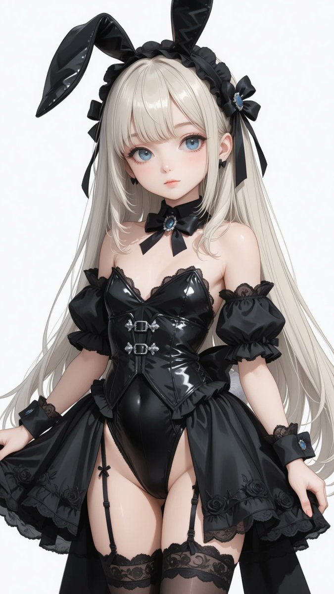 AliceLavli's tweet photo. 今日はバニーの日なので、フリルのバニー服の衣装プロンプトをどうぞ👯
frilled black bunny girl costume, luxurious black satin bunny suit, fitted sweetheart corset bodice, structured corset seams, glossy jet black satin front panel, matte black satin side panels, strapless sweetheart neckline, detachable off-shoulder puff sleeves, layered black chiffon frills, scalloped black lace sleeve edges, high-cut bunny suit silhouette, fitted waist, short layered bustle overskirt, cascading black ruffle layers, embroidered black floral lace trim, delicate black lace frills throughout, oversized black satin back bow, black crystal brooch at the center chest, black pearl accents, black satin ribbon details, black lace cuffs, black satin wrist bows, sheer black lace garter stockings, black satin garter straps, fluffy black rabbit tail, oversized black satin bunny ears, black lace inner ears, black satin outer ears, elegant couture finish, luxurious gothic frilled bunny aesthetic, pure black color scheme only, strict color placement