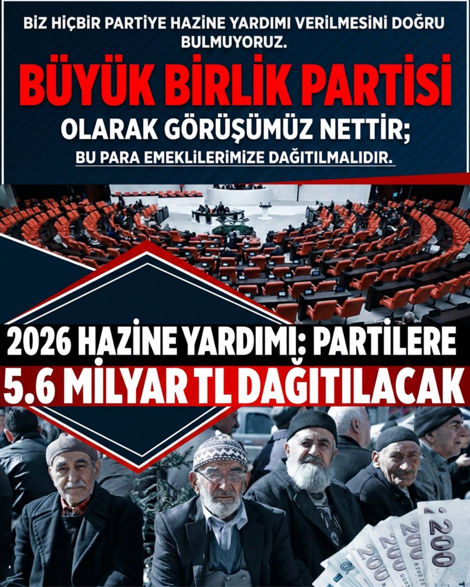 MuratTamerCevik's tweet photo. Biz Büyük Birlik Partisi olarak diyoruz ki:

Siyasetin finansmanı milletin sırtına yük olmamalıdır.

Siyasi partiler, devlet hazinesinden değil üyelerinin, gönüllülerinin katkılarıyla ayakta durmalıdır.

Buradan sağlanacak kamu kaynağı ise emeklilerimizin refahı için kullanılmalıdır.

Devlet, siyaseti değil milleti desteklemelidir.