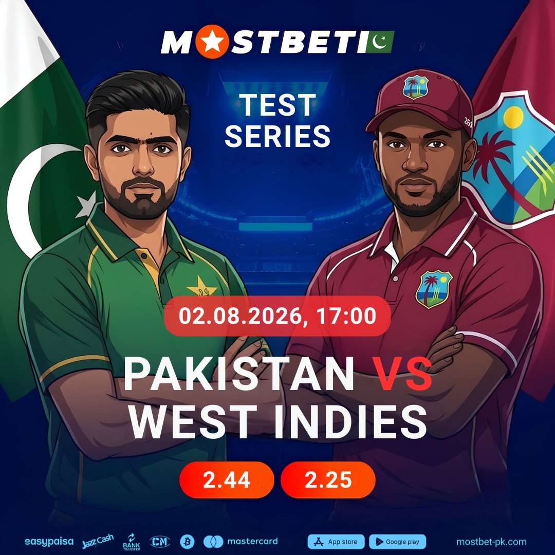 PakistanMostbet's tweet photo. Pakistan vs West Indies, 2nd Test decider 🏏 02 Aug, 17:00 — West Indies already lead 1-0 after a 90-run win in the 1st Test. WI 2.25, Pak 2.44. Pakistan need a big turnaround or the series is lost. MOSTBET pe apni prediction set karo 🎯 👉 

 #PakVsWI #TestCricket #MostBet #win https://t.co/AGLkII8o6K