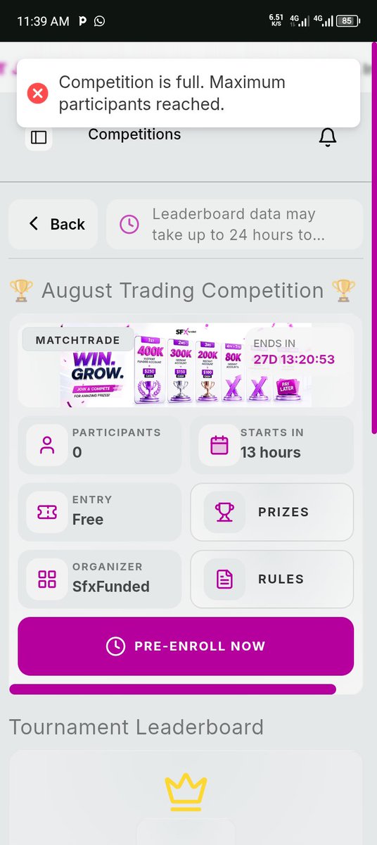 goldprincefx's tweet photo. @sfxfundedcom 0 participant and yet it is saying "Competition Maximum Participant Reached". Why? https://t.co/OUf5KVl2ko