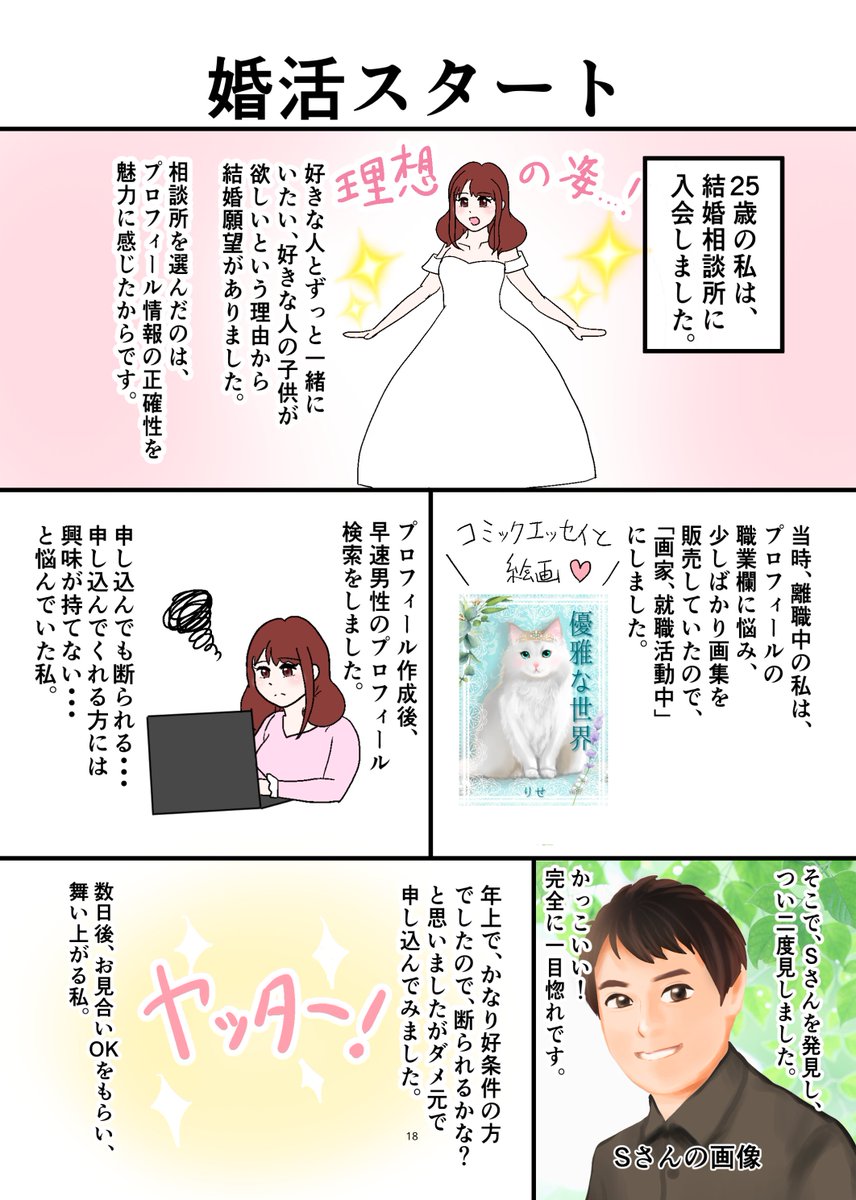 rise_art_'s tweet photo. エッセイ「結婚相談所で、恋の始まり　ー25歳自称画家の婚活日記ー」
私の実体験を、漫画と文章とイラストにしました。
半年間で、Sさんと出会い、結婚するまでのお話です。
全１５ページ。

#エッセイ漫画
#コミックエッセイ
#結婚相談所
#婚活漫画
#漫画が読めるハッシュタグ https://t.co/0GRH6Fd3gJ