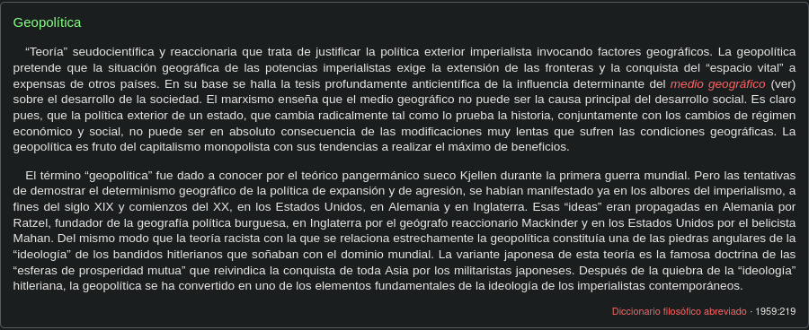 red_nazgul__'s tweet photo. El diccionario soviético de filosofía del 59 la definía como una "Teoría  seudocientífica y reaccionaria que trata de justificar la política exterior imperialista invocando factores geográficos". https://t.co/LU9WINcJP4