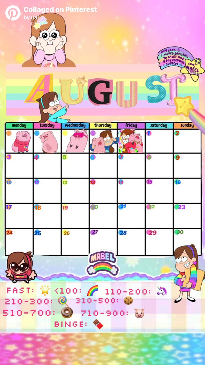 Naifriez's tweet photo. i made myself a cal tracker 4 august :p its mabel themed and was very fun 2 make :3 (ignore the pinerest watermark..) now should i make an accountability thread or nah #edrtwt #edtwt https://t.co/NzWgYAxoGO