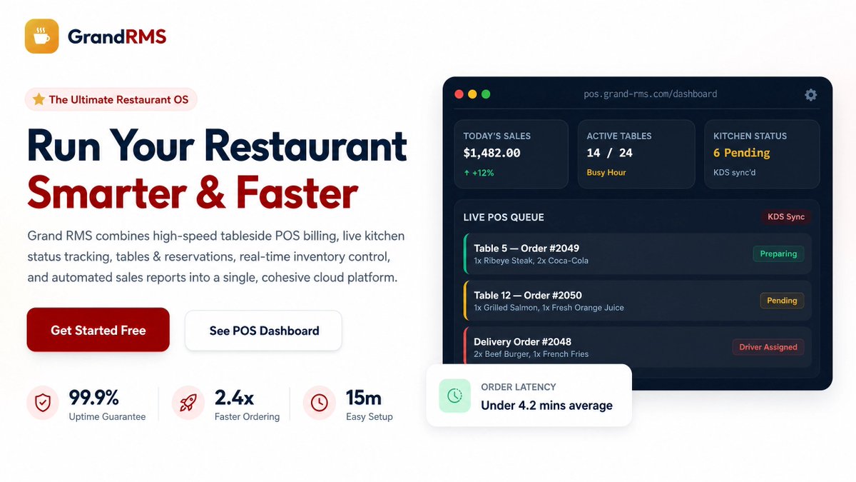 solutionclime's tweet photo. Busy service shouldn’t mean scattered operations. GrandRMS connects Restaurant POS, kitchen status, tables, inventory &amp; Restaurant Analytics in one Cloud POS helping teams move faster and owners stay informed. #RestaurantPOS #CloudPOS #RestaurantTech #SolutionClime https://t.co/O9uyUC9ois