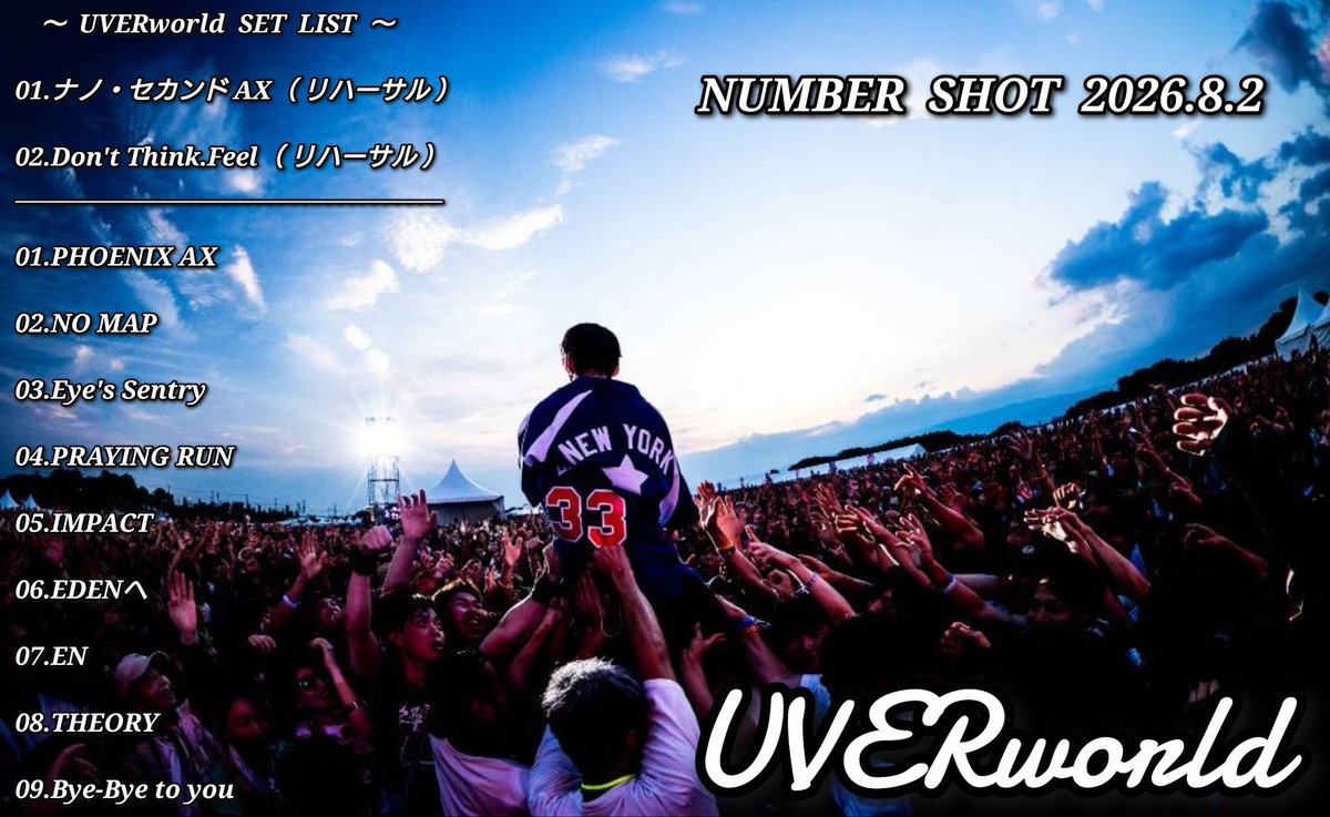 SHUNYA_UWSC's tweet photo. 【フェスセトリ】
NUMBER SHOT 2026.8.2
UVERworld  セトリ

#UVERworld #セトリ #拡散希望 
#NUMBERSHOT #UVER 
#NUMBERSHOT2026 https://t.co/CwX3hUWXSI