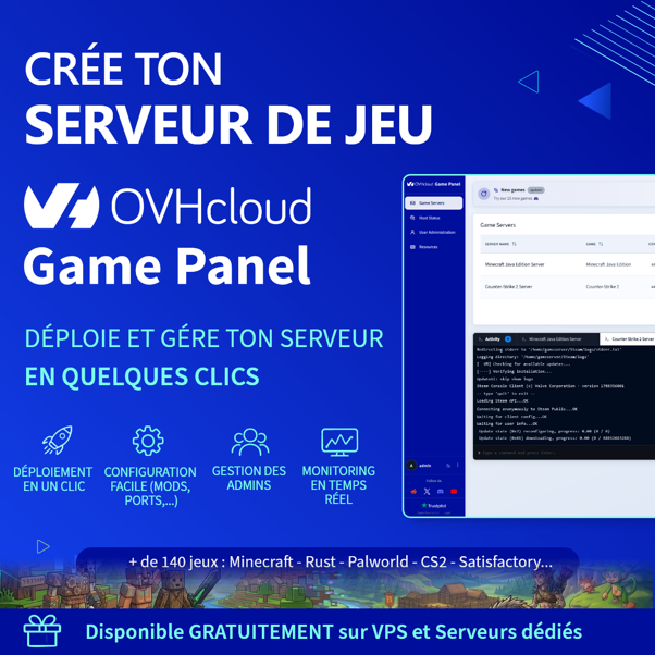 TeamViniwaz's tweet photo. 🎮 Envie de lancer ton propre serveur de jeu facilement ?
Le Game Panel d'@OVHcloud permet de déployer et gérer des serveurs en quelques clics.
Inclus gratuitement avec les VPS et serveurs dédiés 🔥
#OVHcloud #GamePanel #Gaming #Minecraft #CS2 #GameServer #VPS #DedicatedServer https://t.co/TgSJyM0ZGv